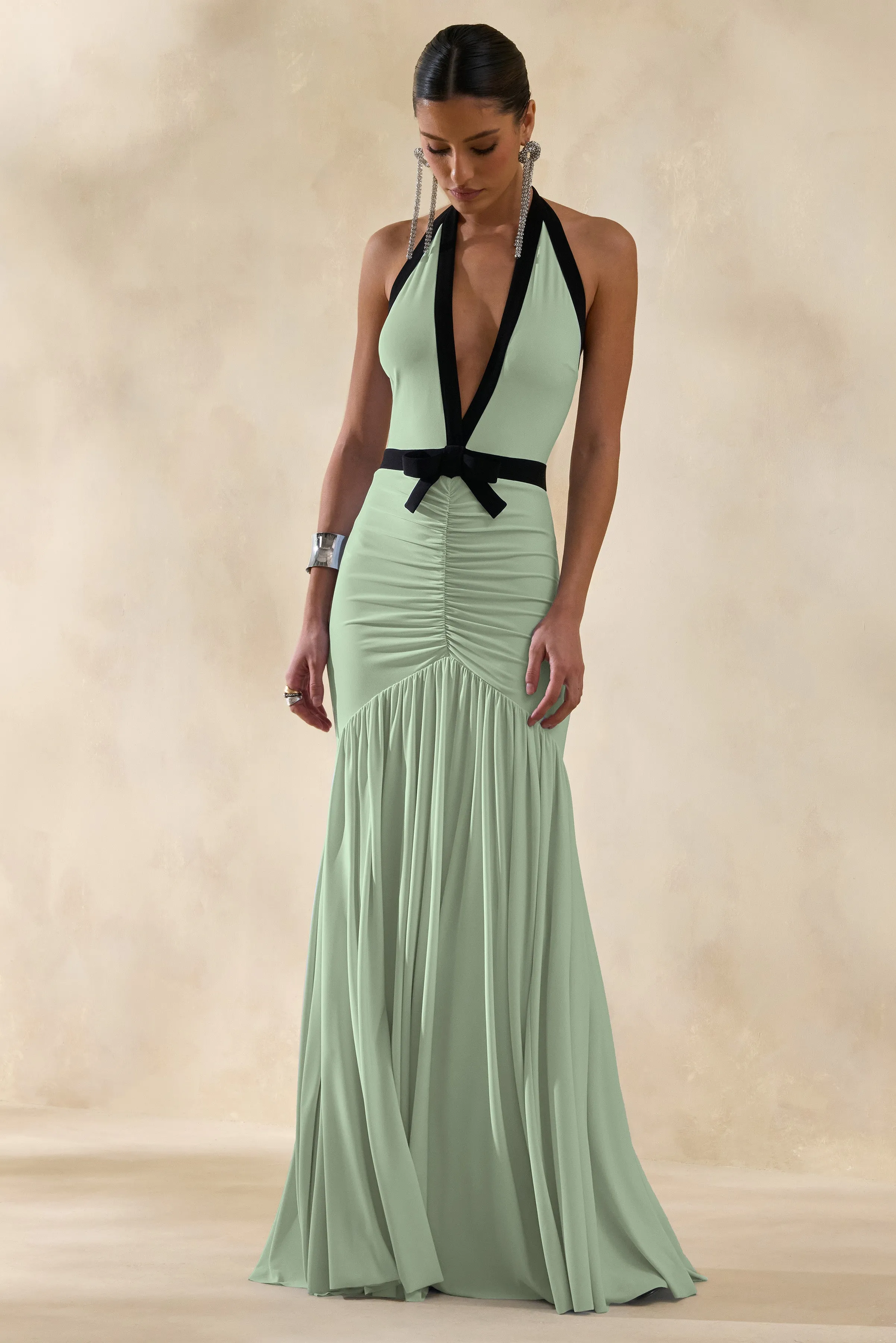 Cosmina | Mint Plunge-Neck Maxi Dress With Bow-Detail sold by Club L London product image thumbnail 4