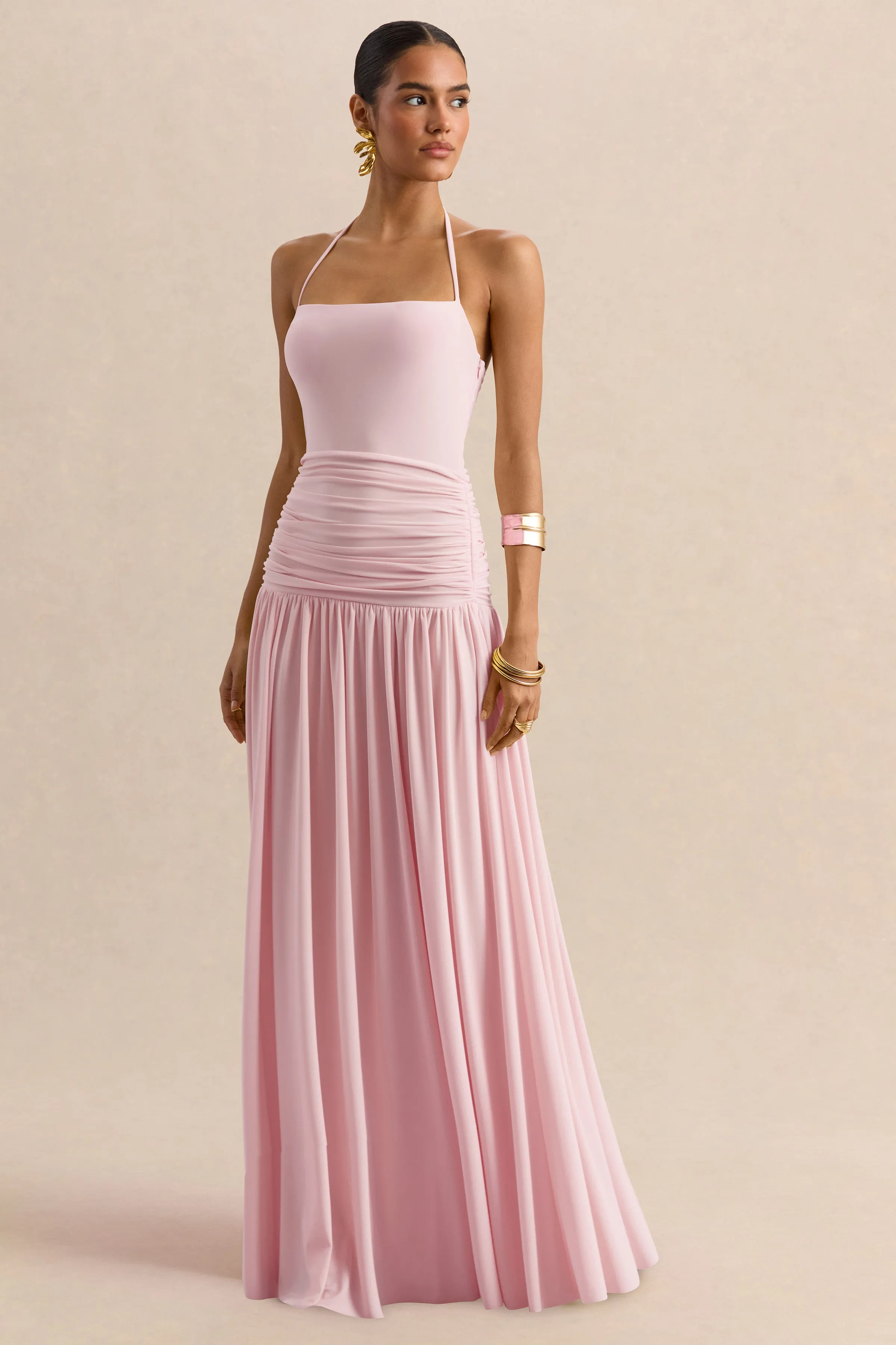 Nicolette | Pink Square-Neck Maxi Dress With Ruched-Detailing sold by Club L London