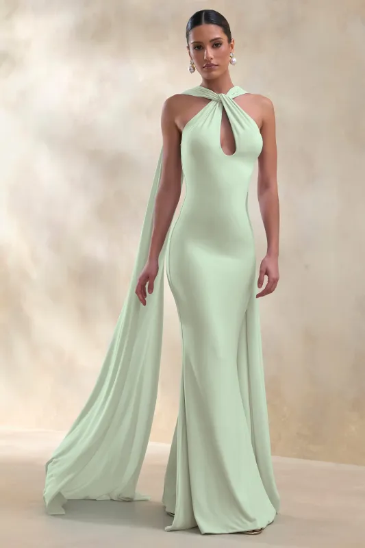 Rhoda | Mint Twist Halter-Neck Cape Maxi Dress made by Club L London