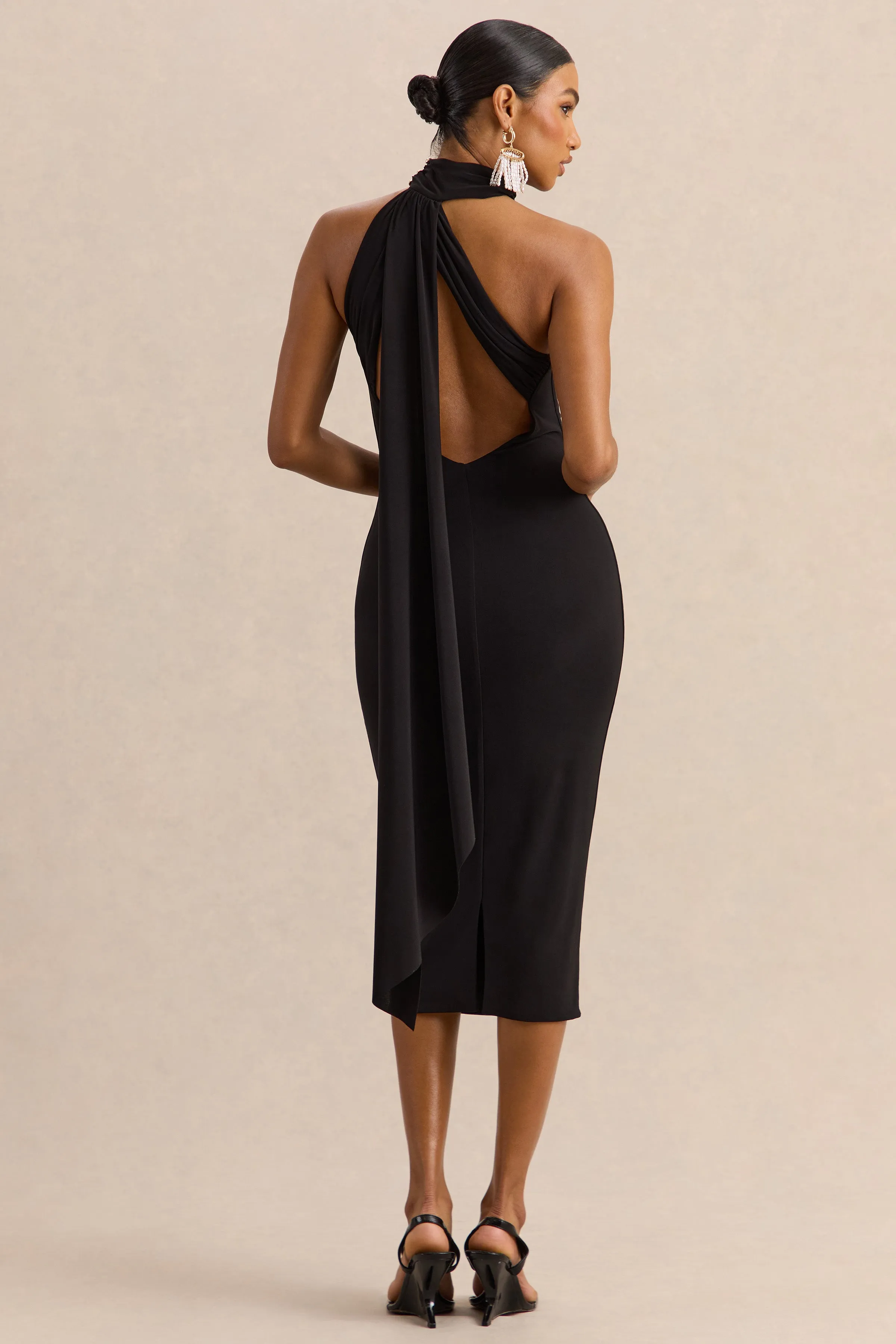 Devinae | Black Asymmetric-Neck Midi-Dress With Open-Back And Scarf-Detail sold by Club L London product image thumbnail 2