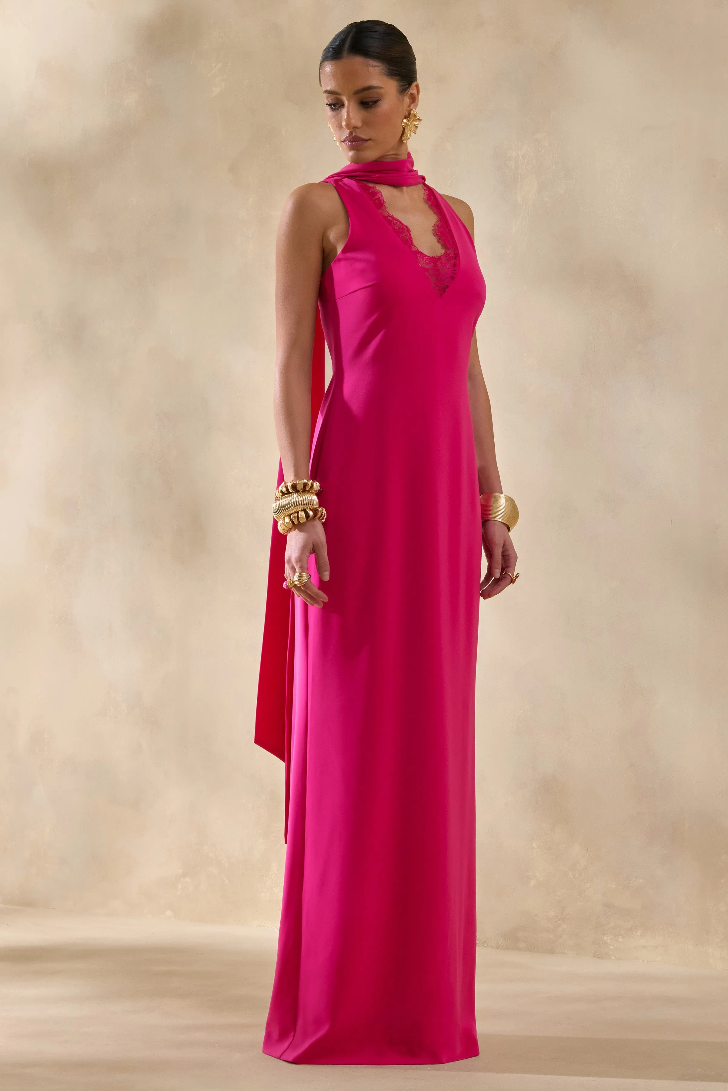 True Icon | Hot Pink Satin High-Neck Maxi Slip Dress With Sash sold by Club L London product image thumbnail 5