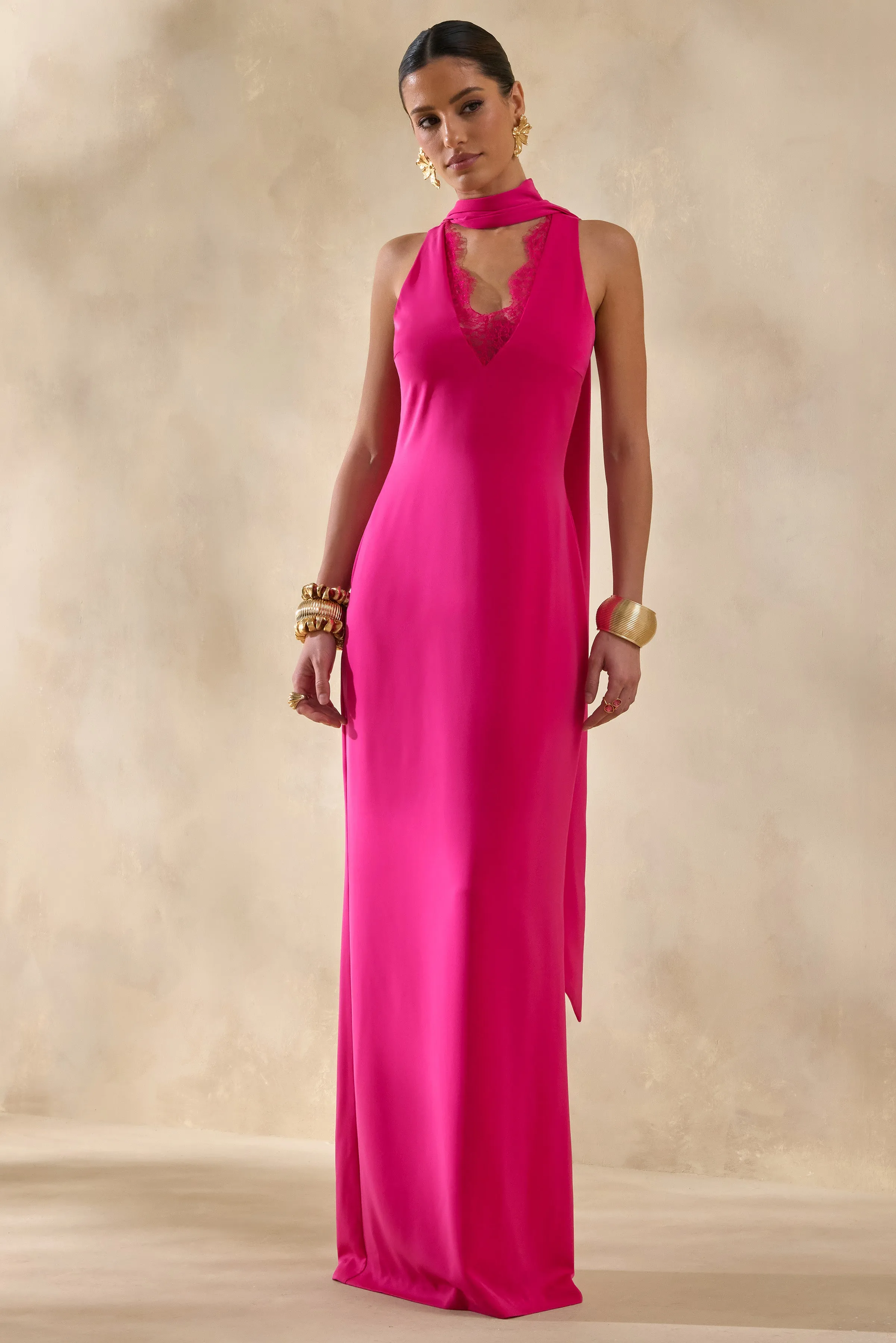 True Icon | Hot Pink Satin High-Neck Maxi Slip Dress With Sash sold by Club L London product image thumbnail 4