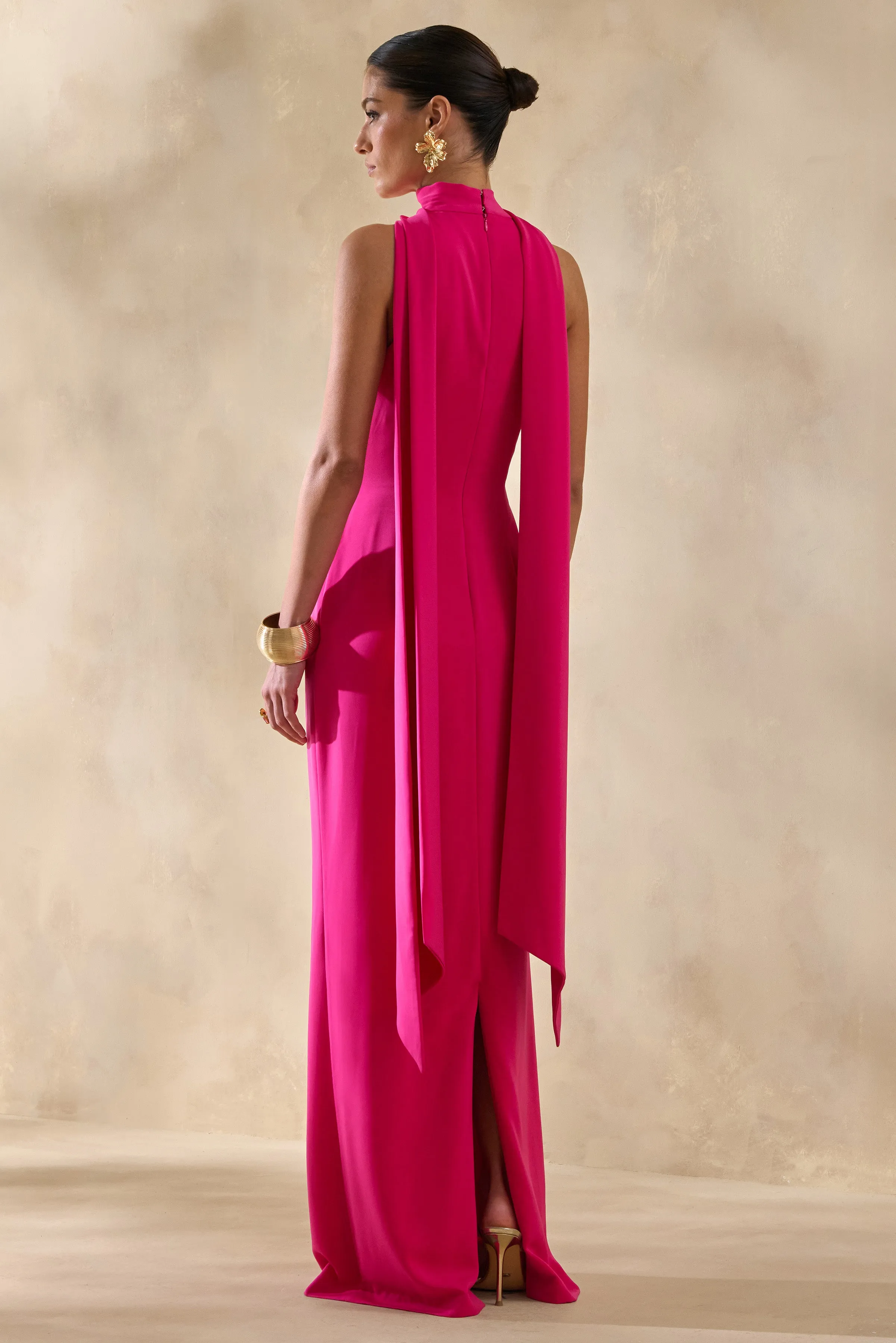 True Icon | Hot Pink Satin High-Neck Maxi Slip Dress With Sash sold by Club L London product image thumbnail 2