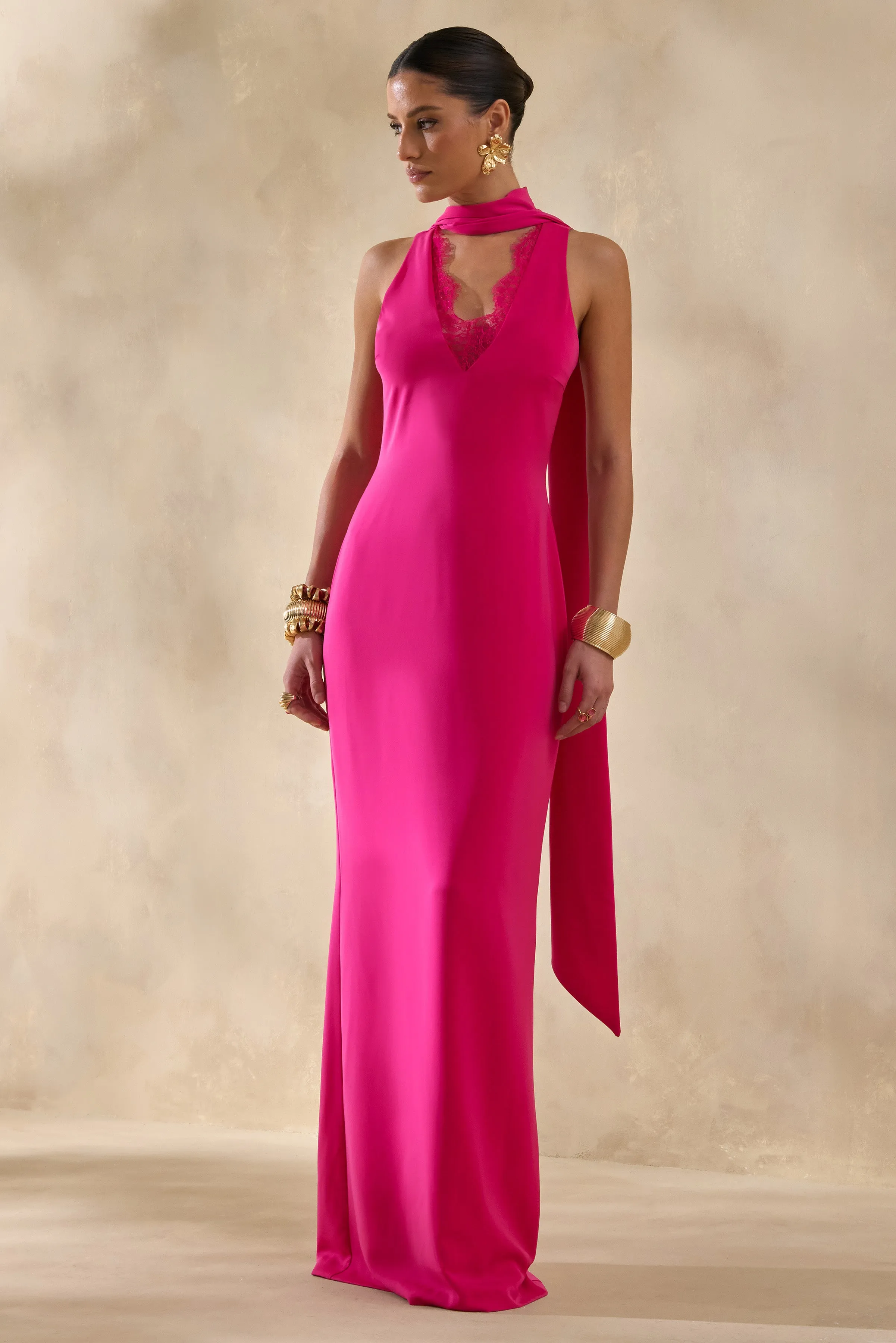 True Icon | Hot Pink Satin High-Neck Maxi Slip Dress With Sash sold by Club L London