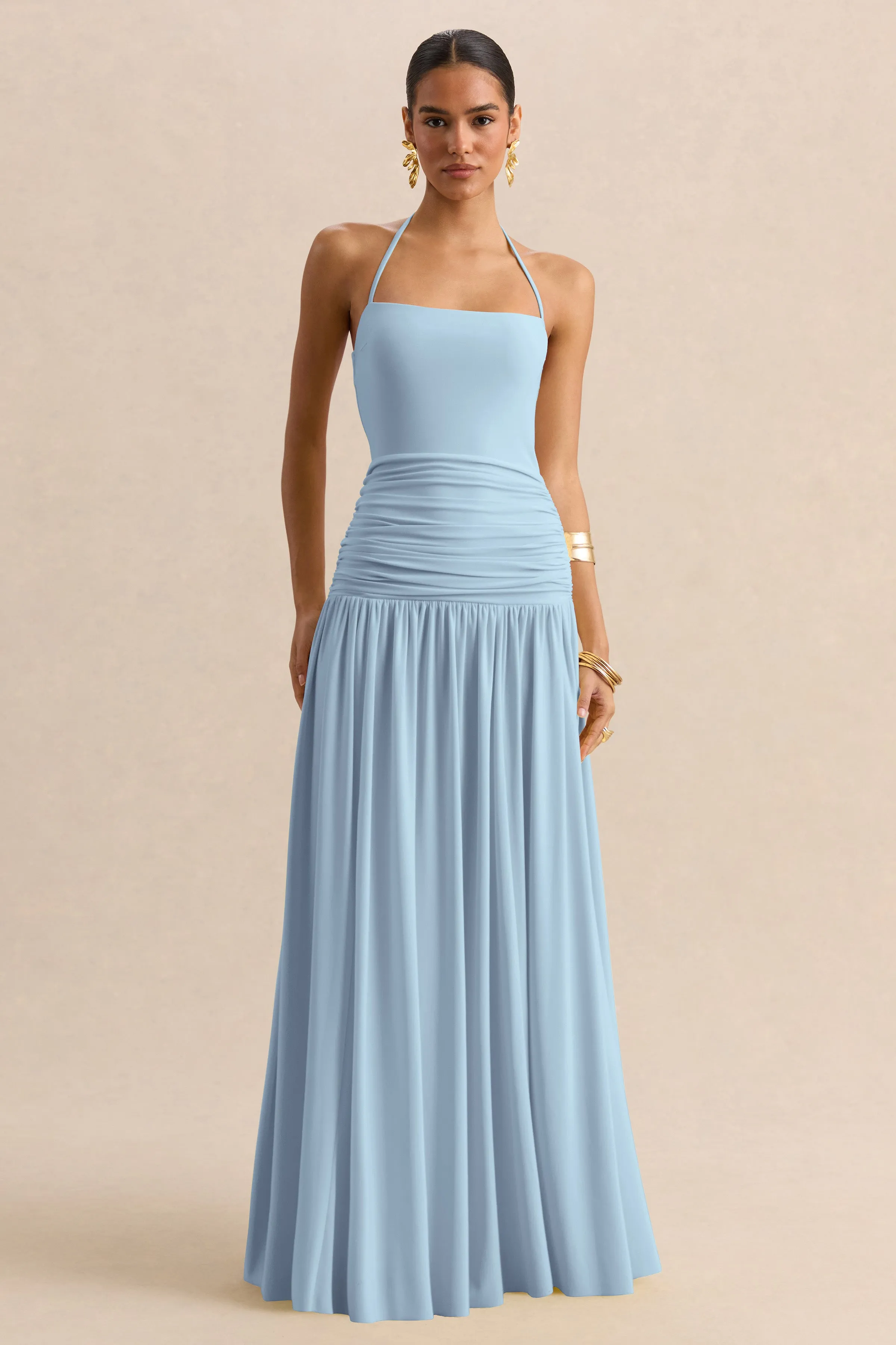 Nicolette | Powder Blue Square-Neck Maxi Dress With Ruched-Detailing sold by Club L London