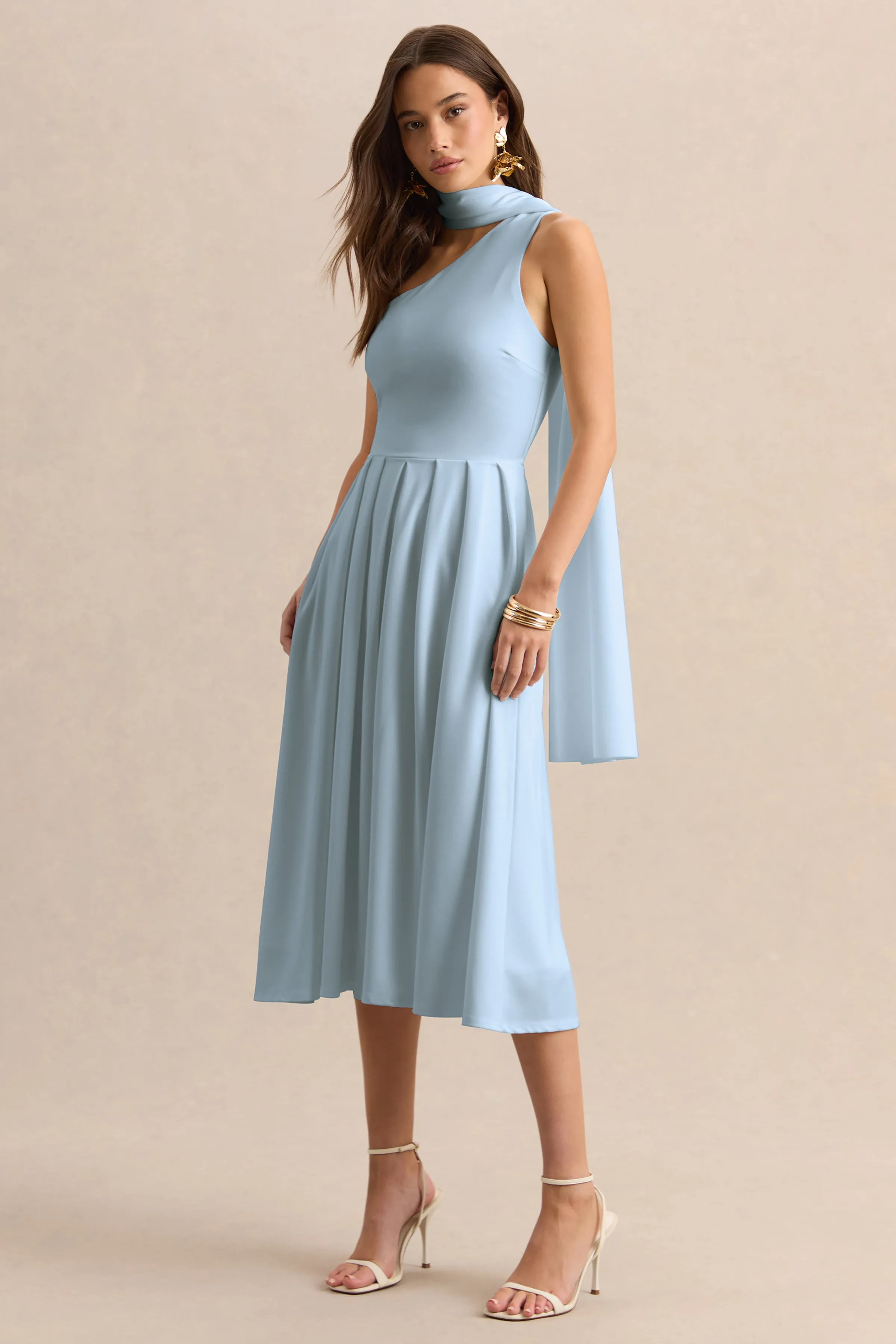 Odette | Powder Blue Asymmetric-Neck Midi Dress With Scarf sold by Club L London product image thumbnail 4