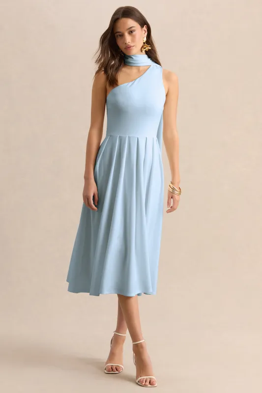 Odette | Powder Blue Asymmetric-Neck Midi Dress With Scarf made by Club L London