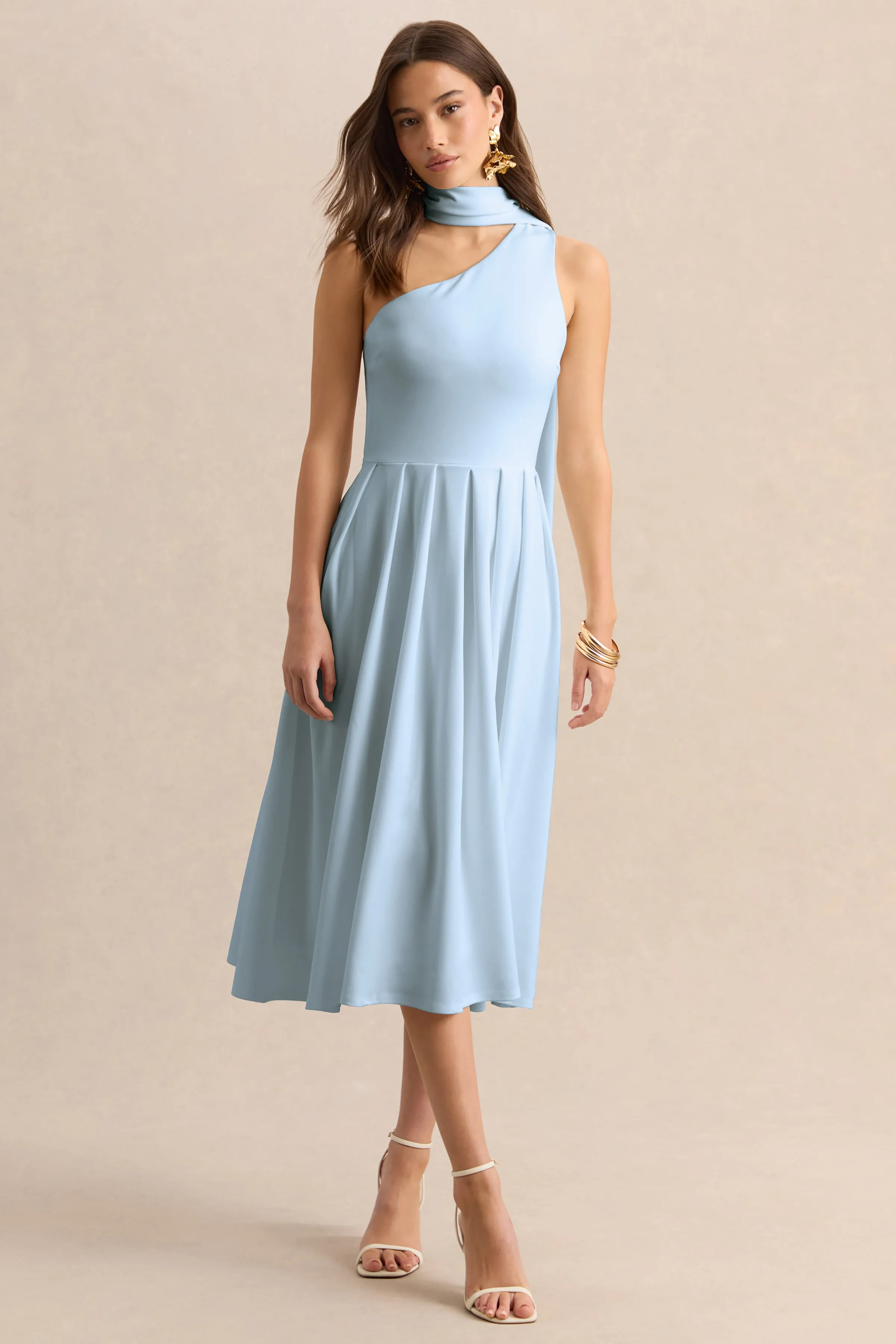 Odette | Powder Blue Asymmetric-Neck Midi Dress With Scarf sold by Club L London