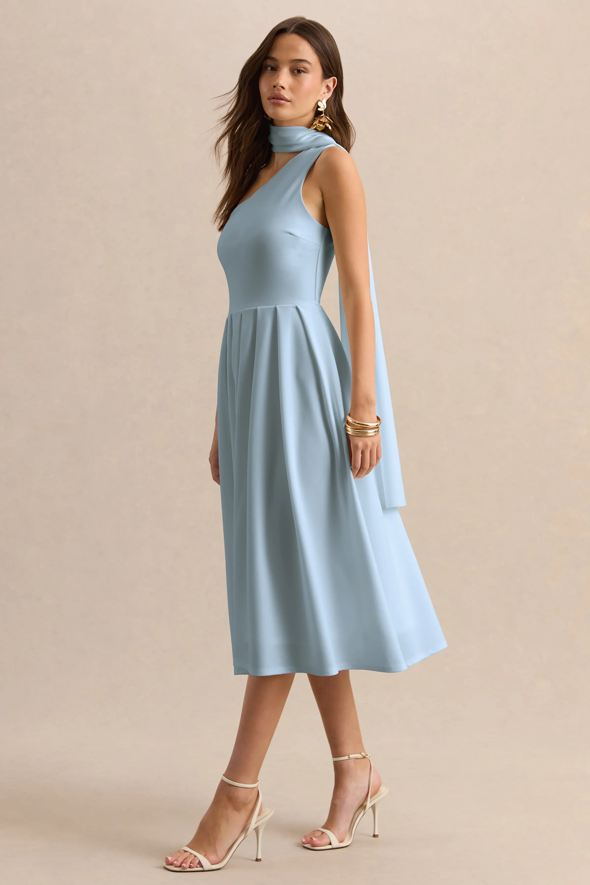 Odette | Powder Blue Asymmetric-Neck Midi Dress With Scarf sold by Club L London product image thumbnail 5