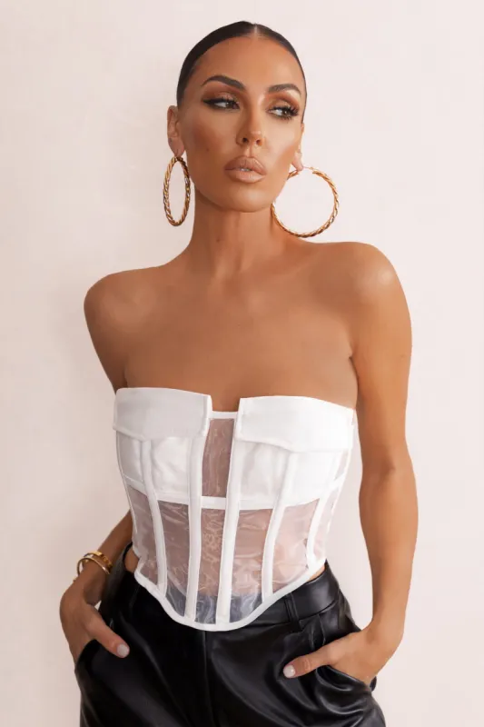 Put On Pause | White Sheer Strapless Utility Pocket Corset Crop Top sold by Club L London