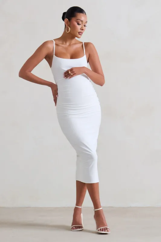 Raquel | White Maternity Cami Midi Dress With Split sold by Club L London