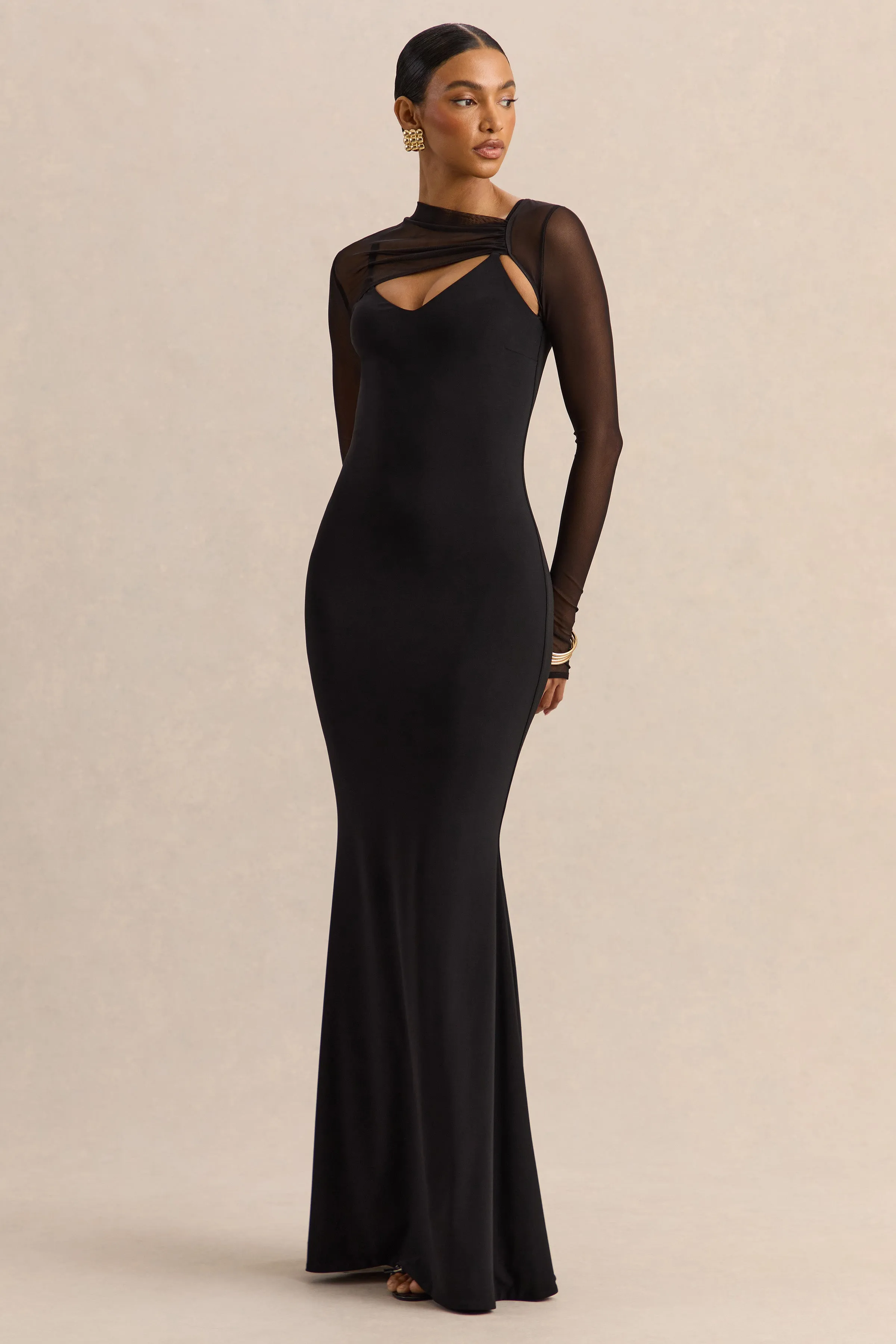 Coralia | Black Asymmetric-Neck Maxi Dress With Mesh Long-Sleeves sold by Club L London product image thumbnail 4