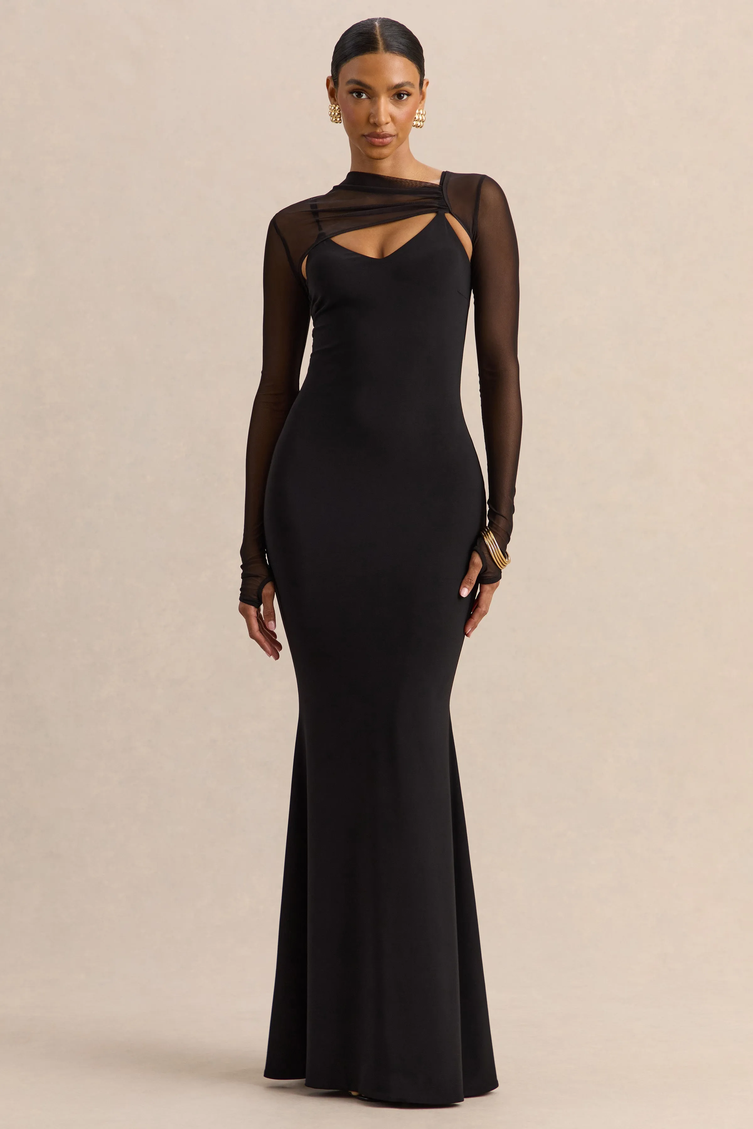 Coralia | Black Asymmetric-Neck Maxi Dress With Mesh Long-Sleeves sold by Club L London