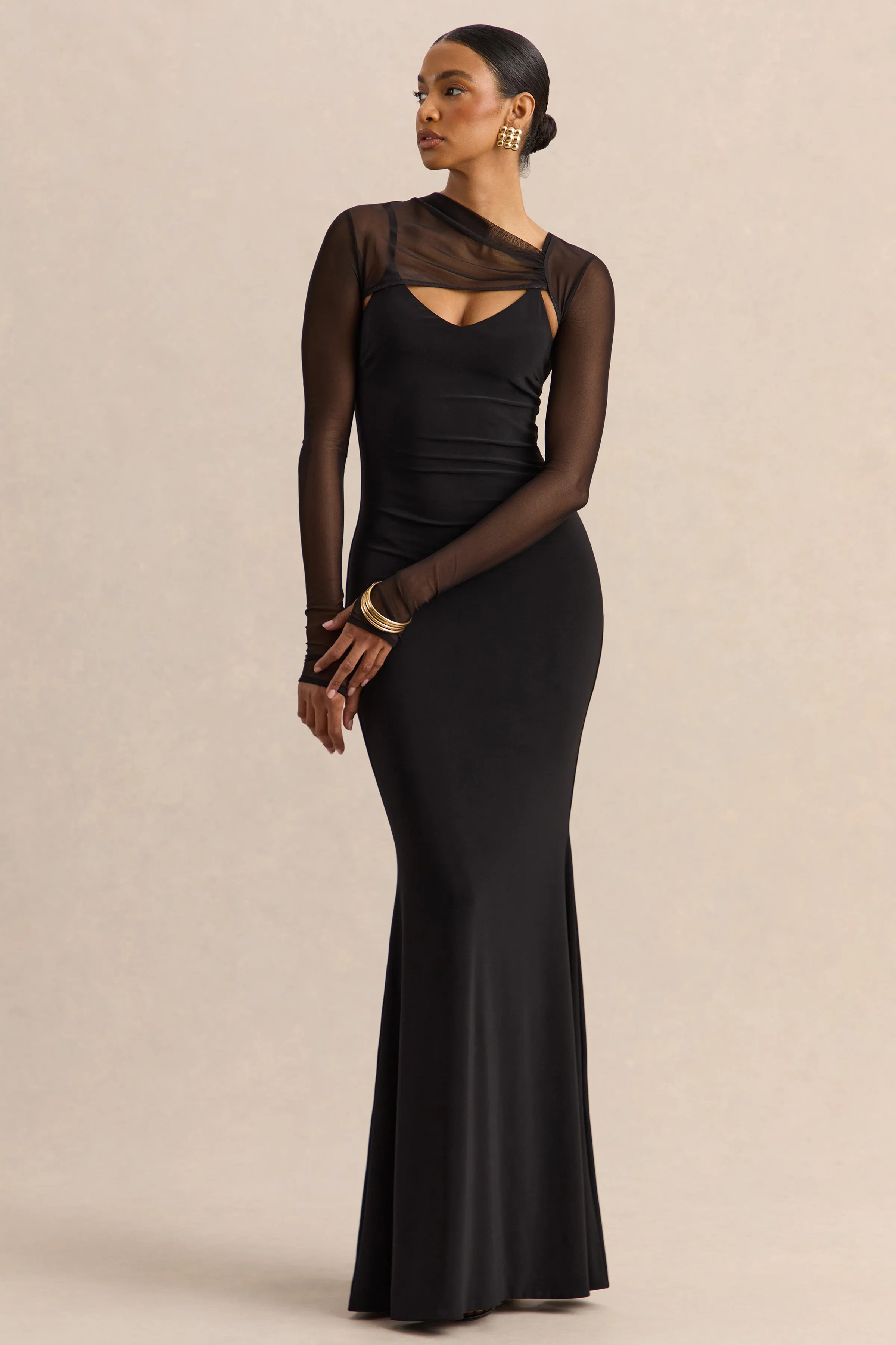 Coralia | Black Asymmetric-Neck Maxi Dress With Mesh Long-Sleeves sold by Club L London product image thumbnail 5
