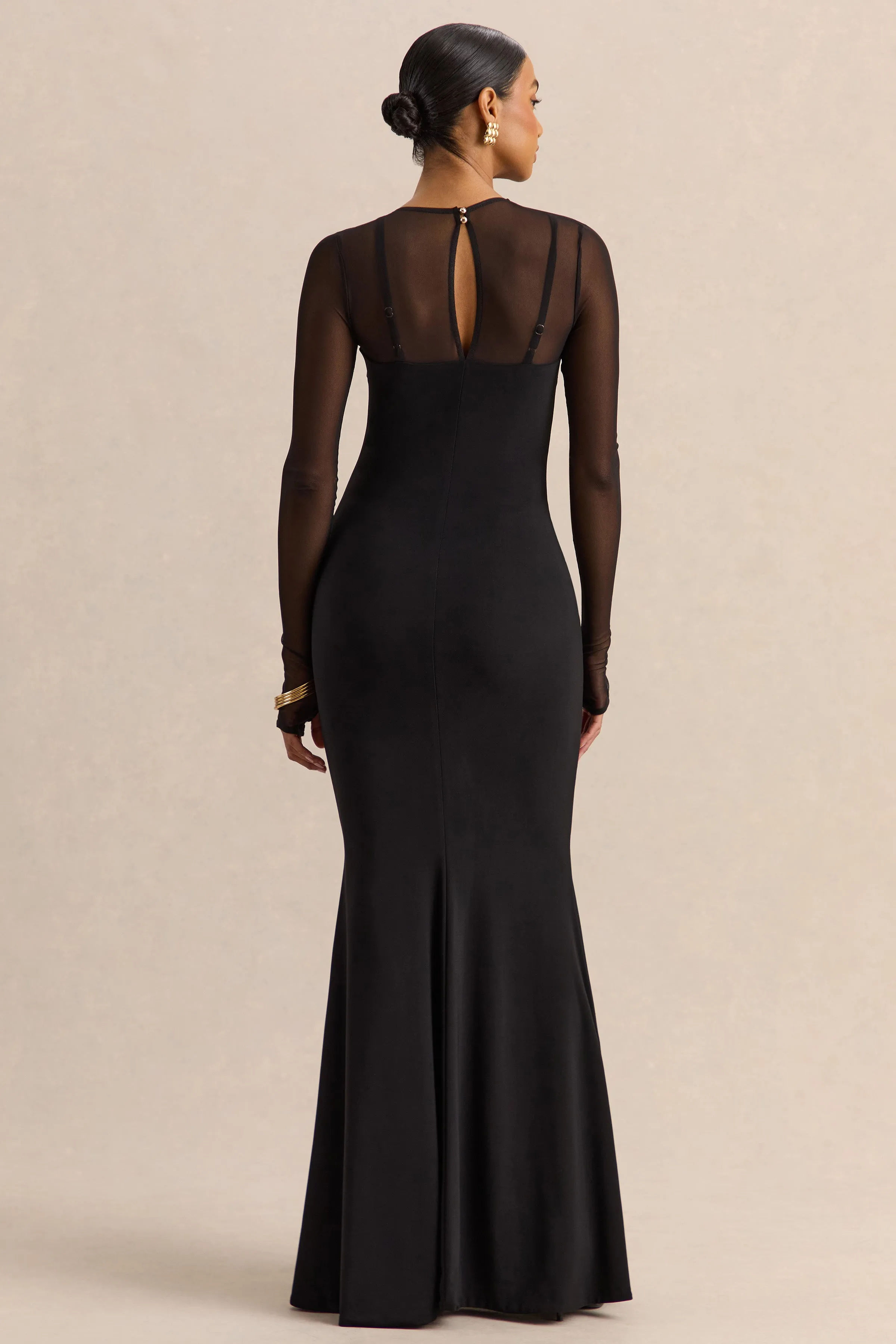 Coralia | Black Asymmetric-Neck Maxi Dress With Mesh Long-Sleeves sold by Club L London product image thumbnail 2