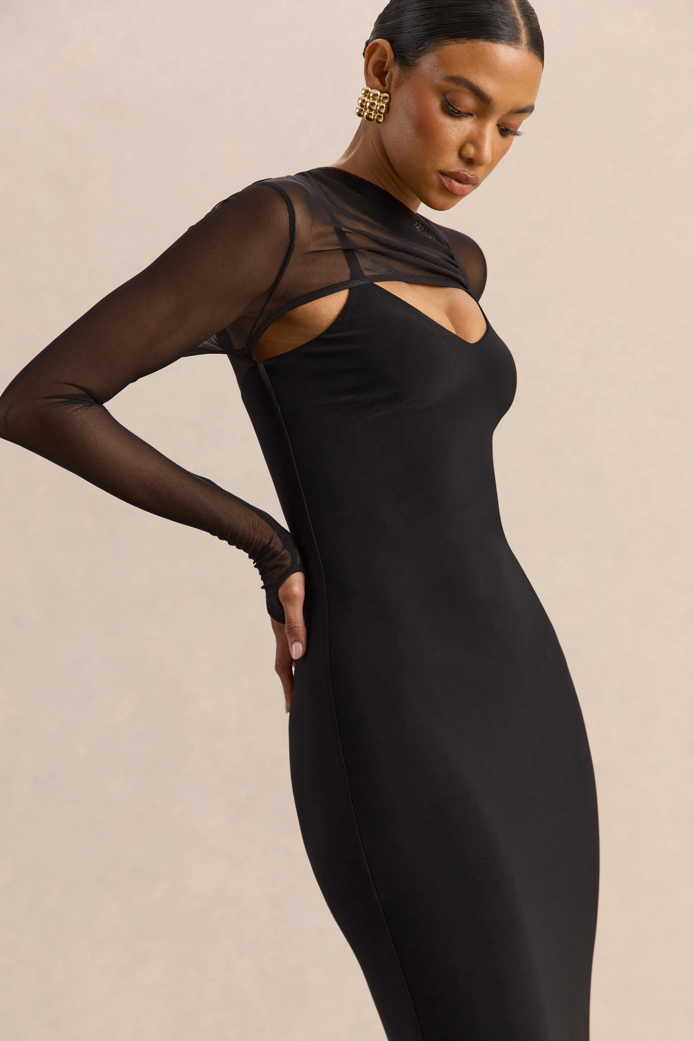 Coralia | Black Asymmetric-Neck Maxi Dress With Mesh Long-Sleeves sold by Club L London product image thumbnail 3