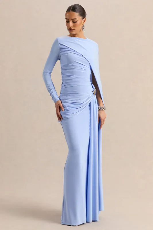 Orintha | Powder Blue Wide-Neck Maxi Dress With Cape And Gold-Detail made by Club L London