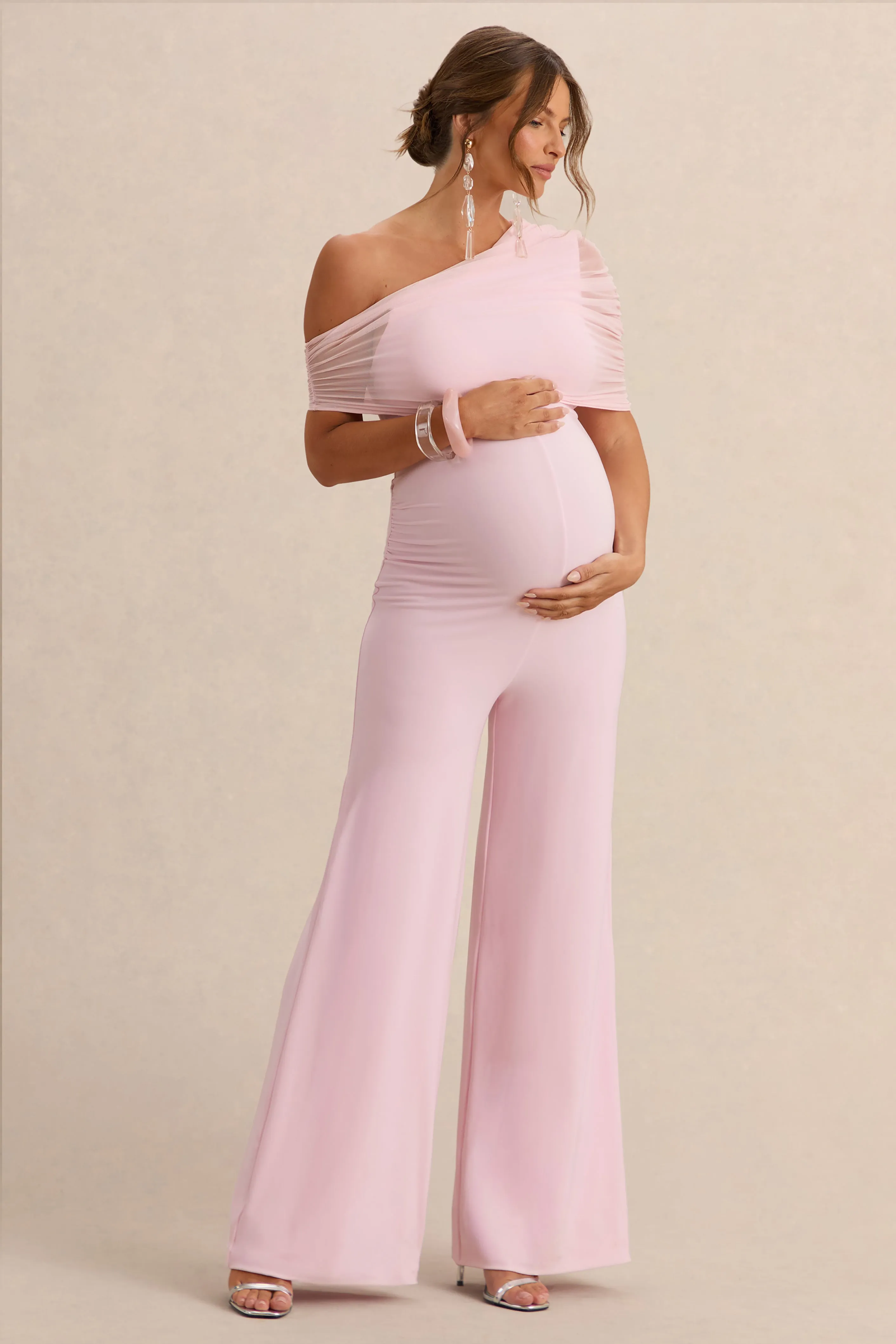 Mariska | Light Pink Asymmetric-Neck Maternity Jumpsuit With Sash Detail sold by Club L London product image thumbnail 4