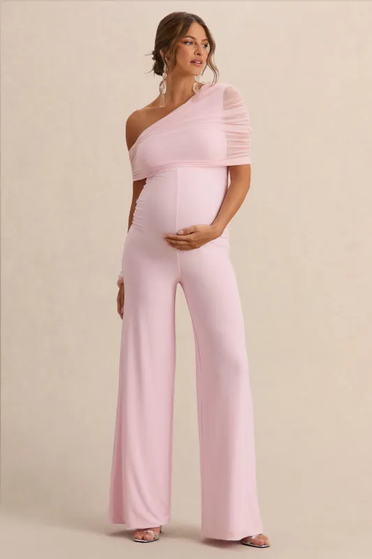 Mariska | Light Pink Asymmetric-Neck Maternity Jumpsuit With Sash Detail made by Club L London
