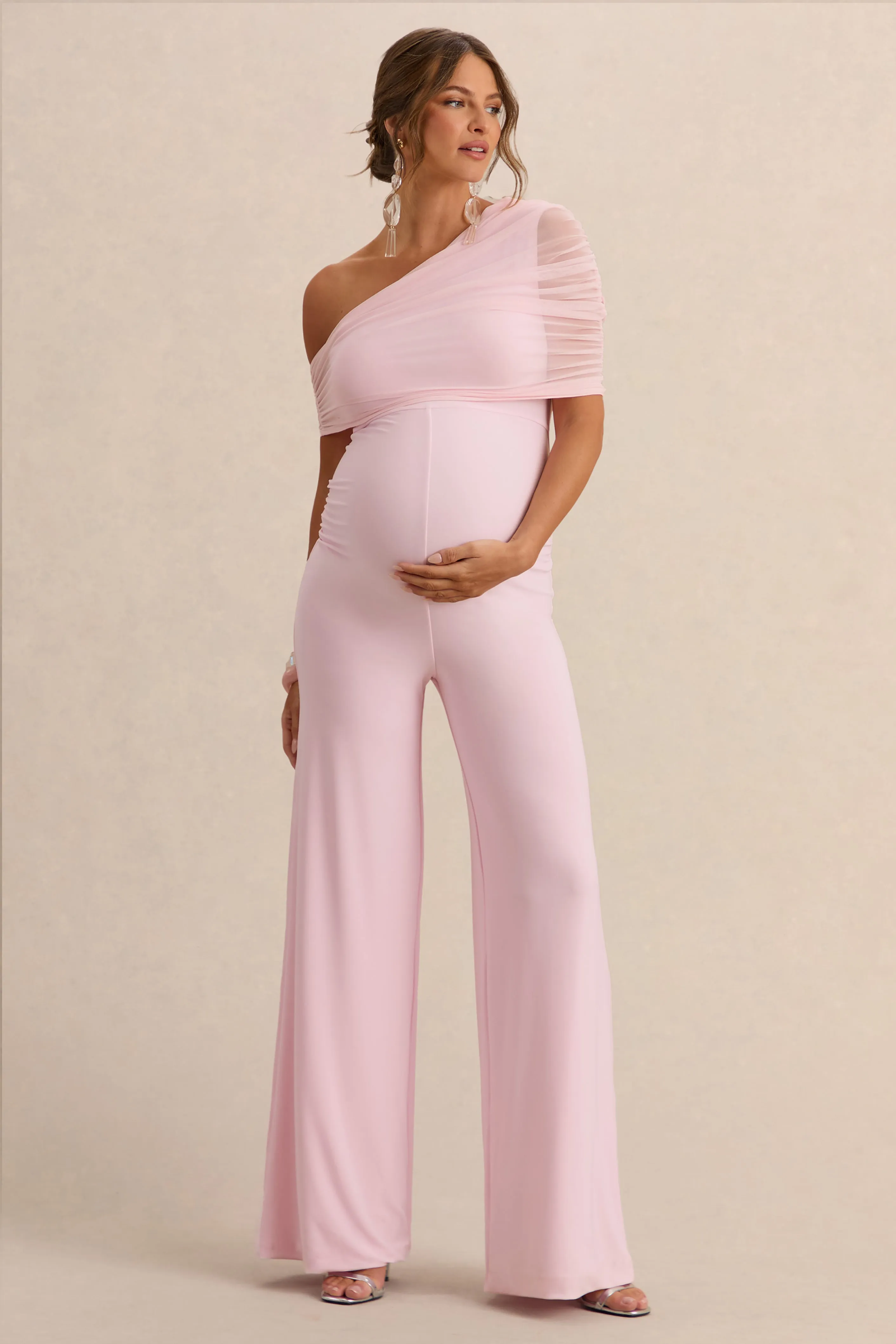Mariska | Light Pink Asymmetric-Neck Maternity Jumpsuit With Sash Detail sold by Club L London