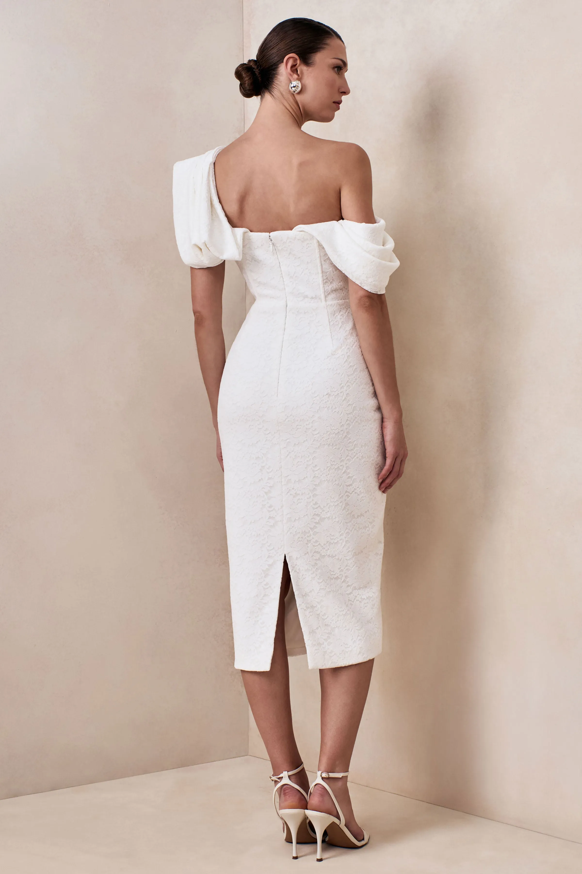 Farvera | White Lace Draped Asymmetric-Neck Midi Dress sold by Club L London product image thumbnail 2