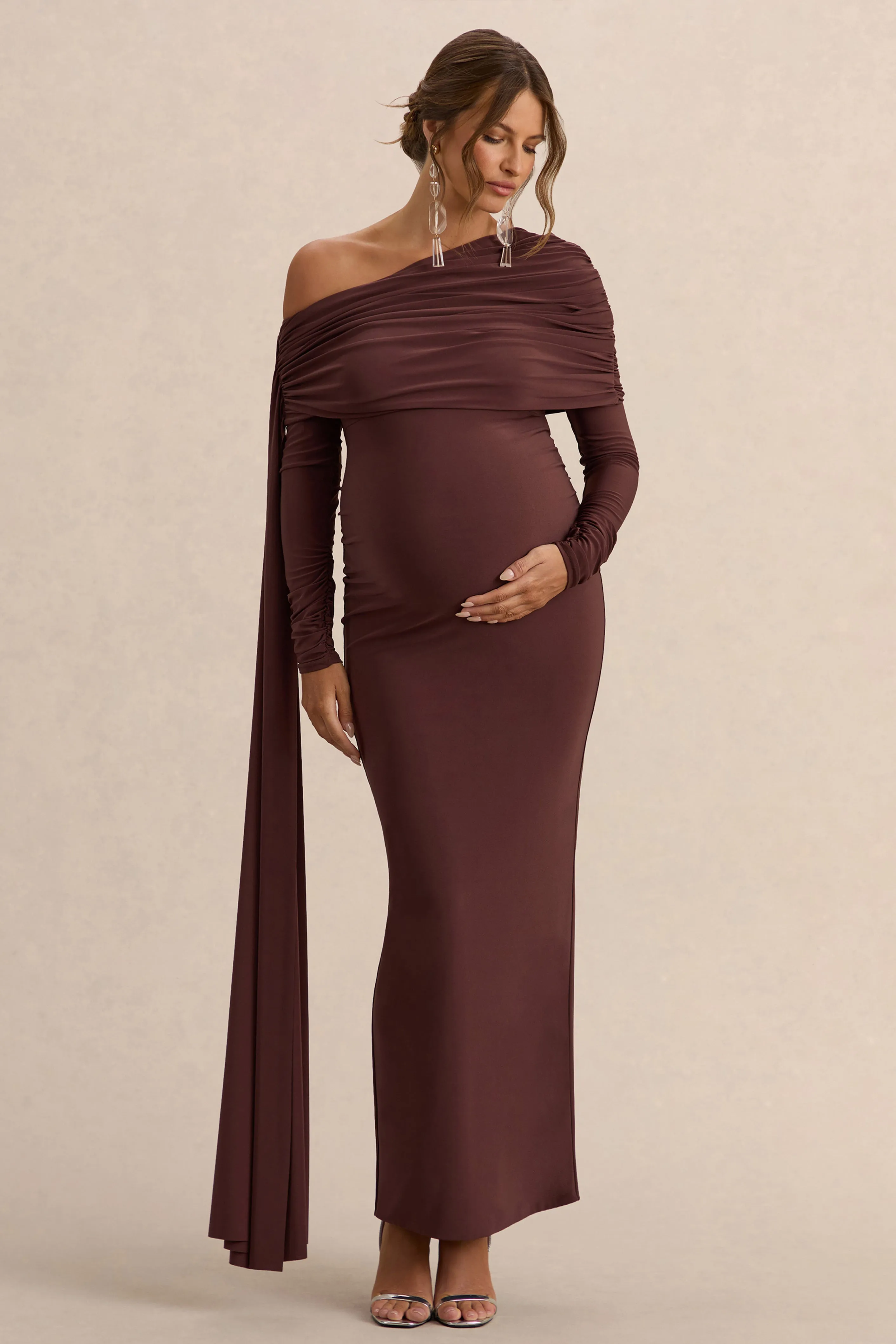 Cyra | Brown Asymmetric-Neck Maternity Maxi Dress With Sash sold by Club L London product image thumbnail 3