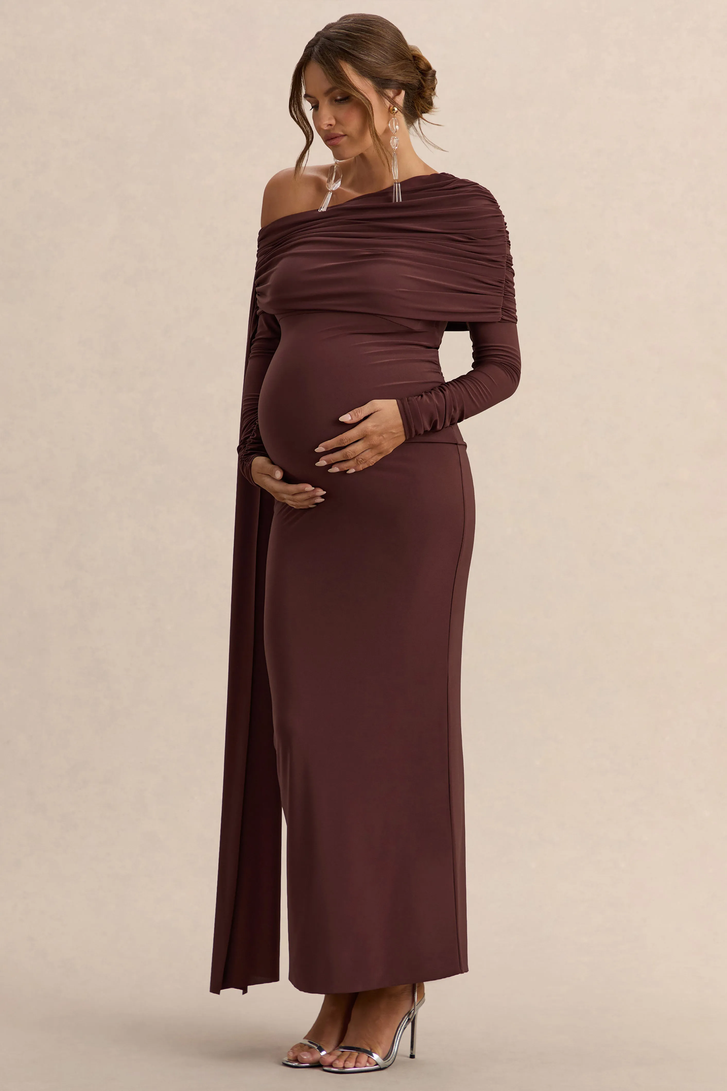 Cyra | Brown Asymmetric-Neck Maternity Maxi Dress With Sash sold by Club L London product image thumbnail 4