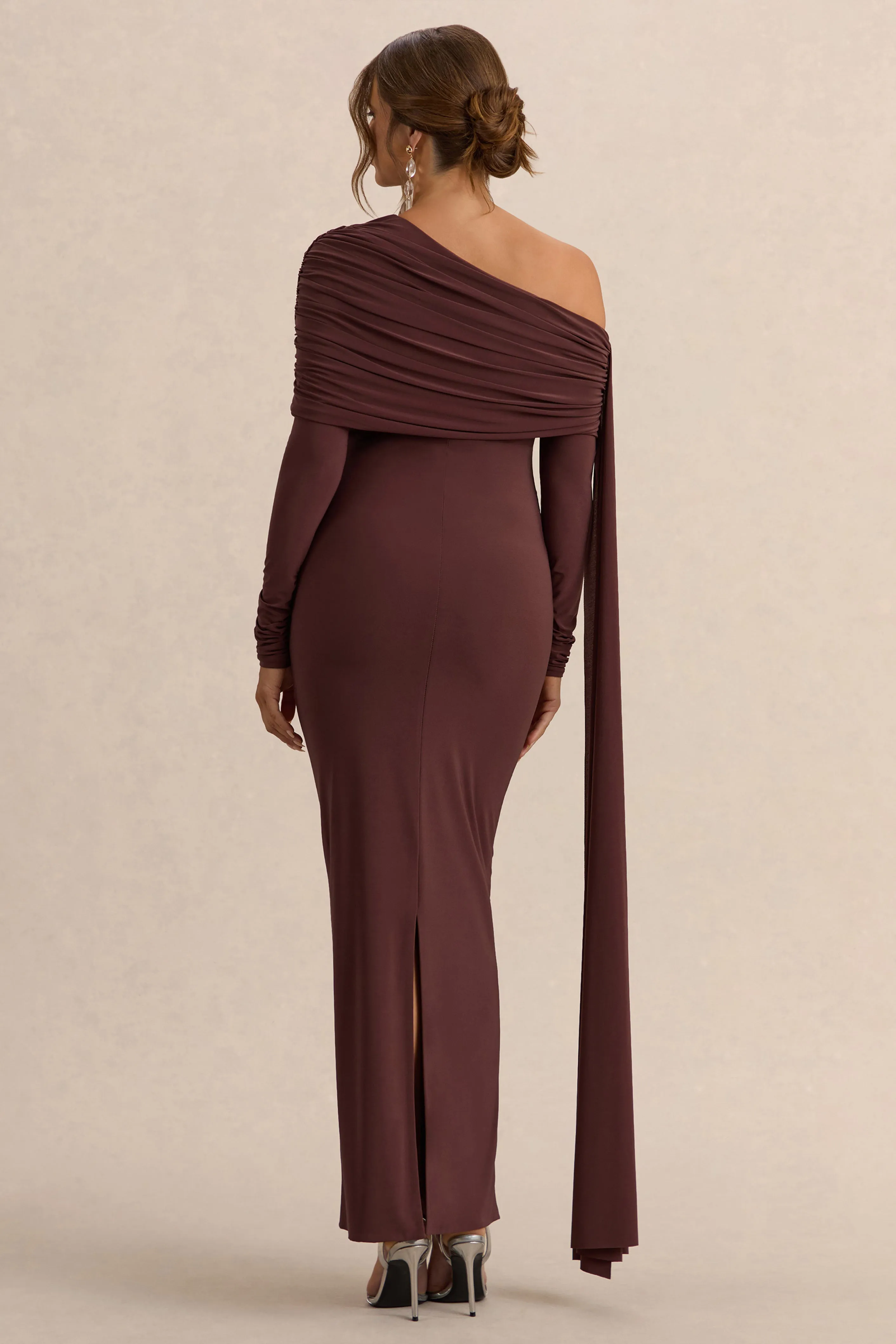 Cyra | Brown Asymmetric-Neck Maternity Maxi Dress With Sash sold by Club L London product image thumbnail 2