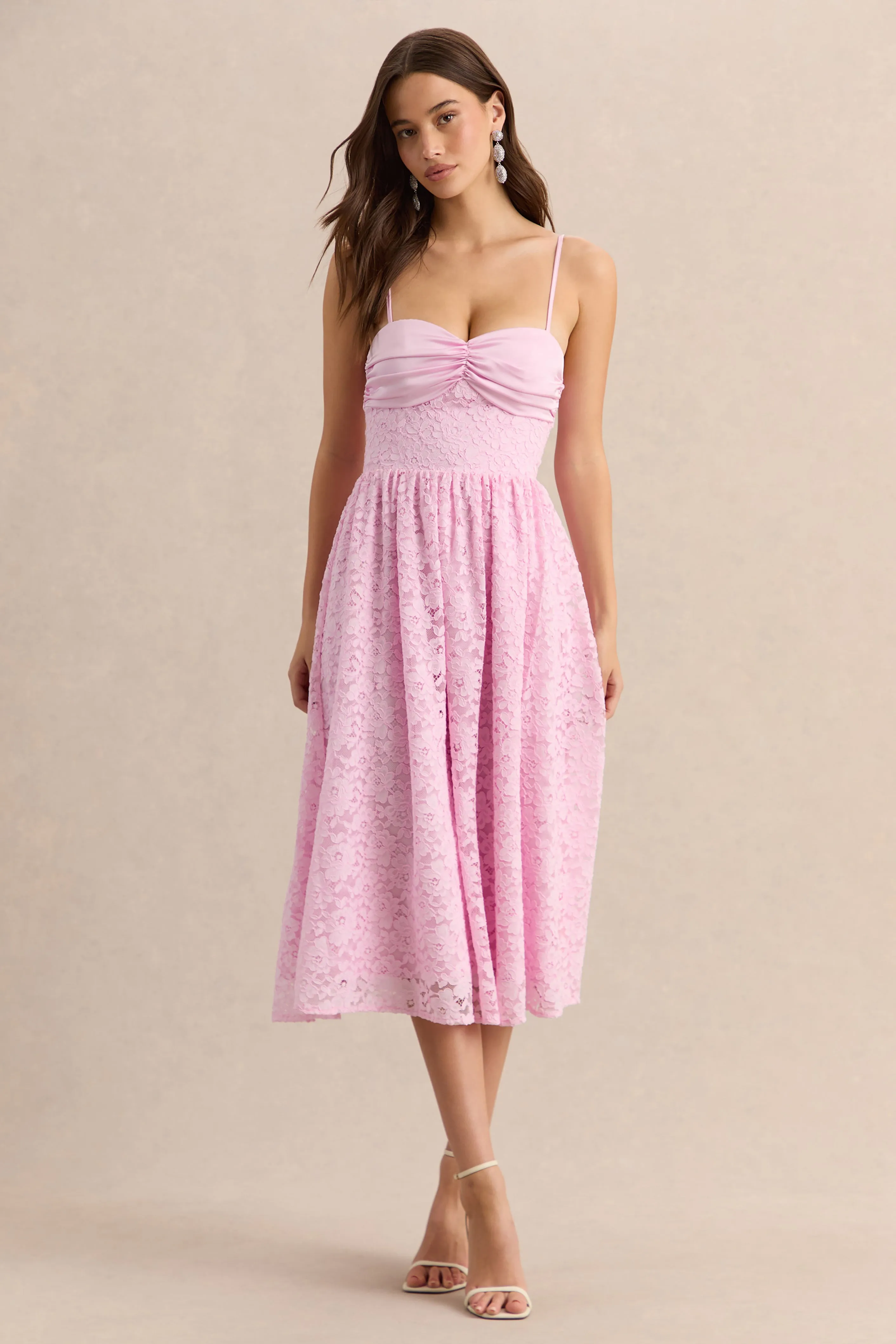 Gloriana | Pink Lace Sweetheart-Neck Midi Dress sold by Club L London