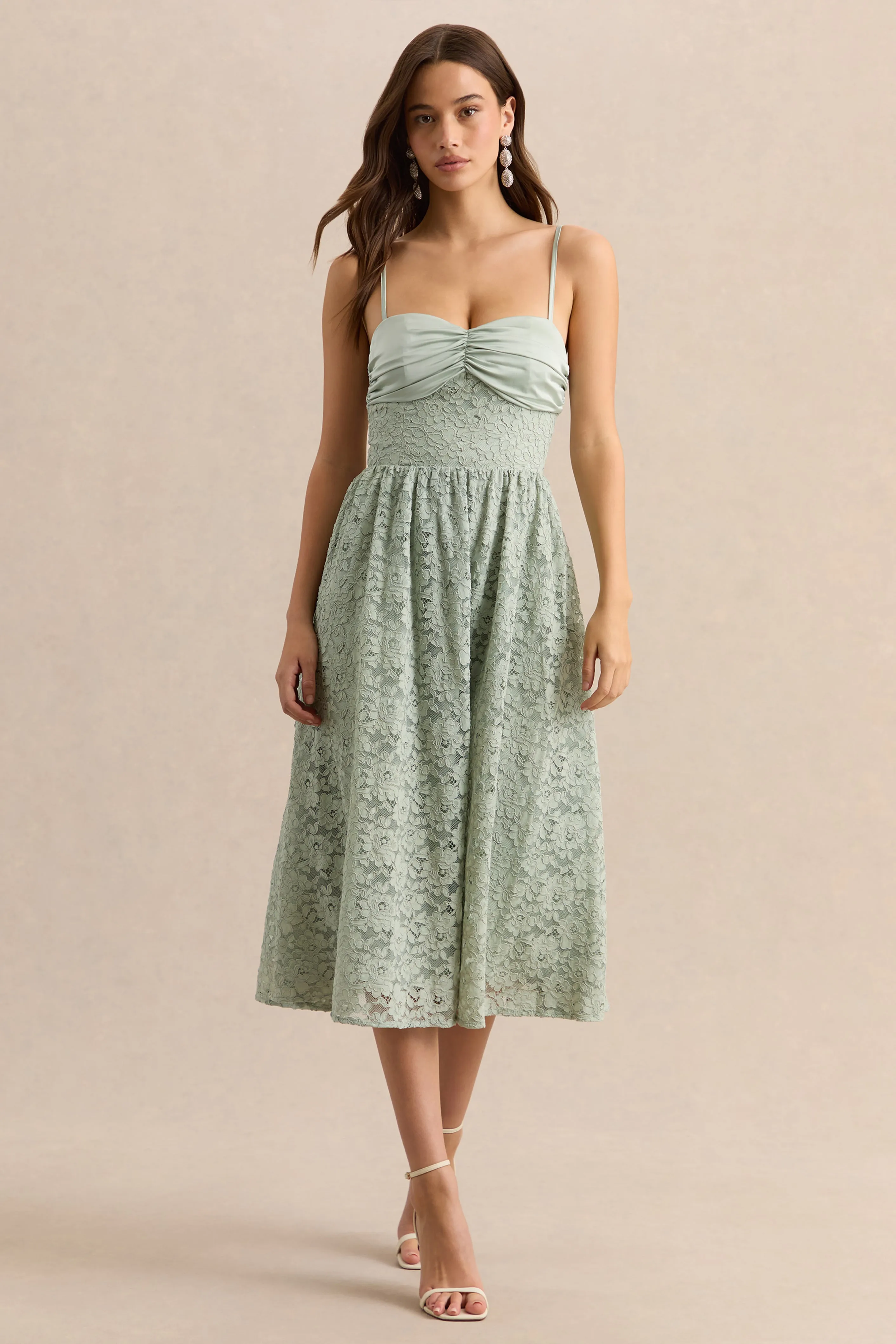 Gloriana | Sage Lace Sweetheart-Neck Midi Dress sold by Club L London