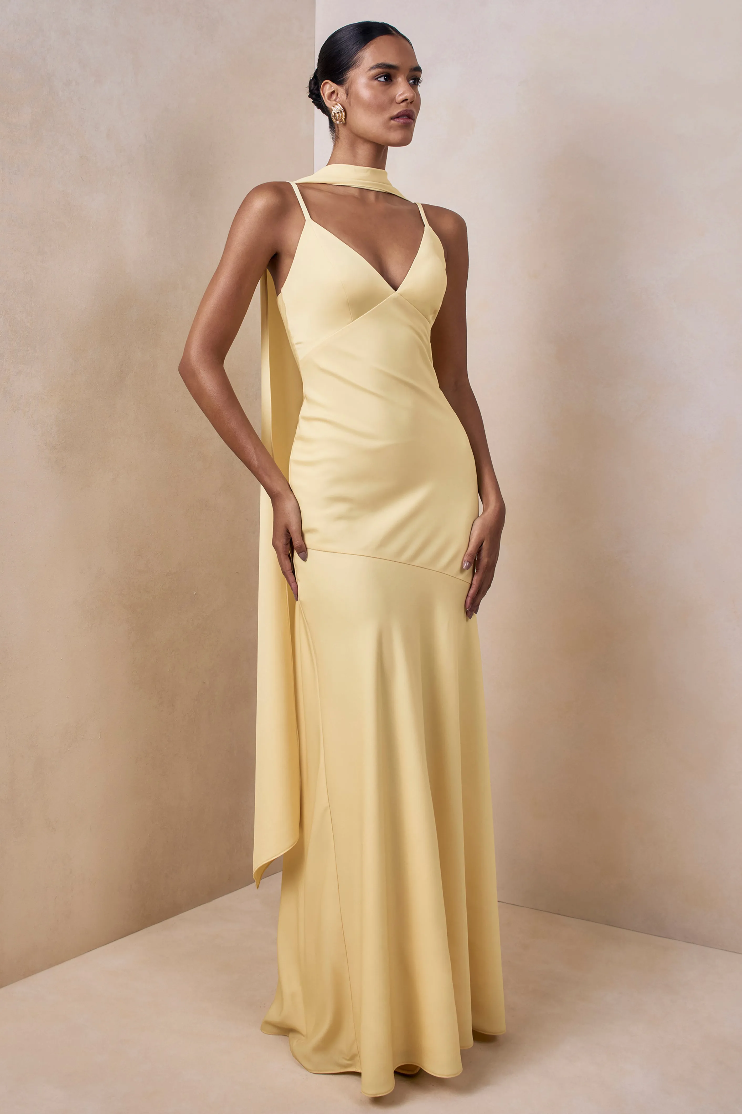 Starling | Lemon Satin Plunge-Neck Maxi Dress With Scarf-Detail sold by Club L London product image thumbnail 5