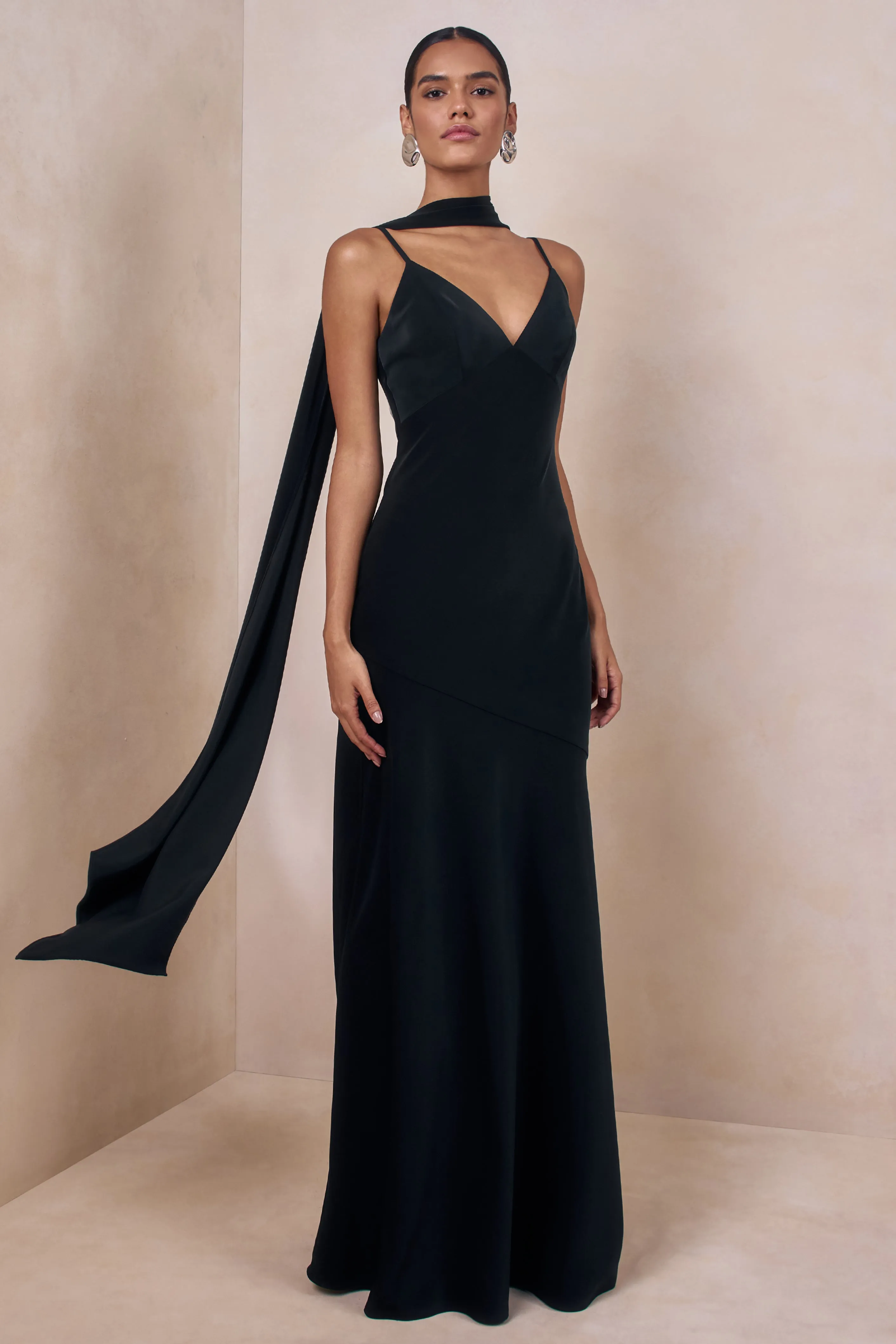 Starling | Black Satin Plunge-Neck Maxi Dress With Scarf-Detail sold by Club L London product image thumbnail 5