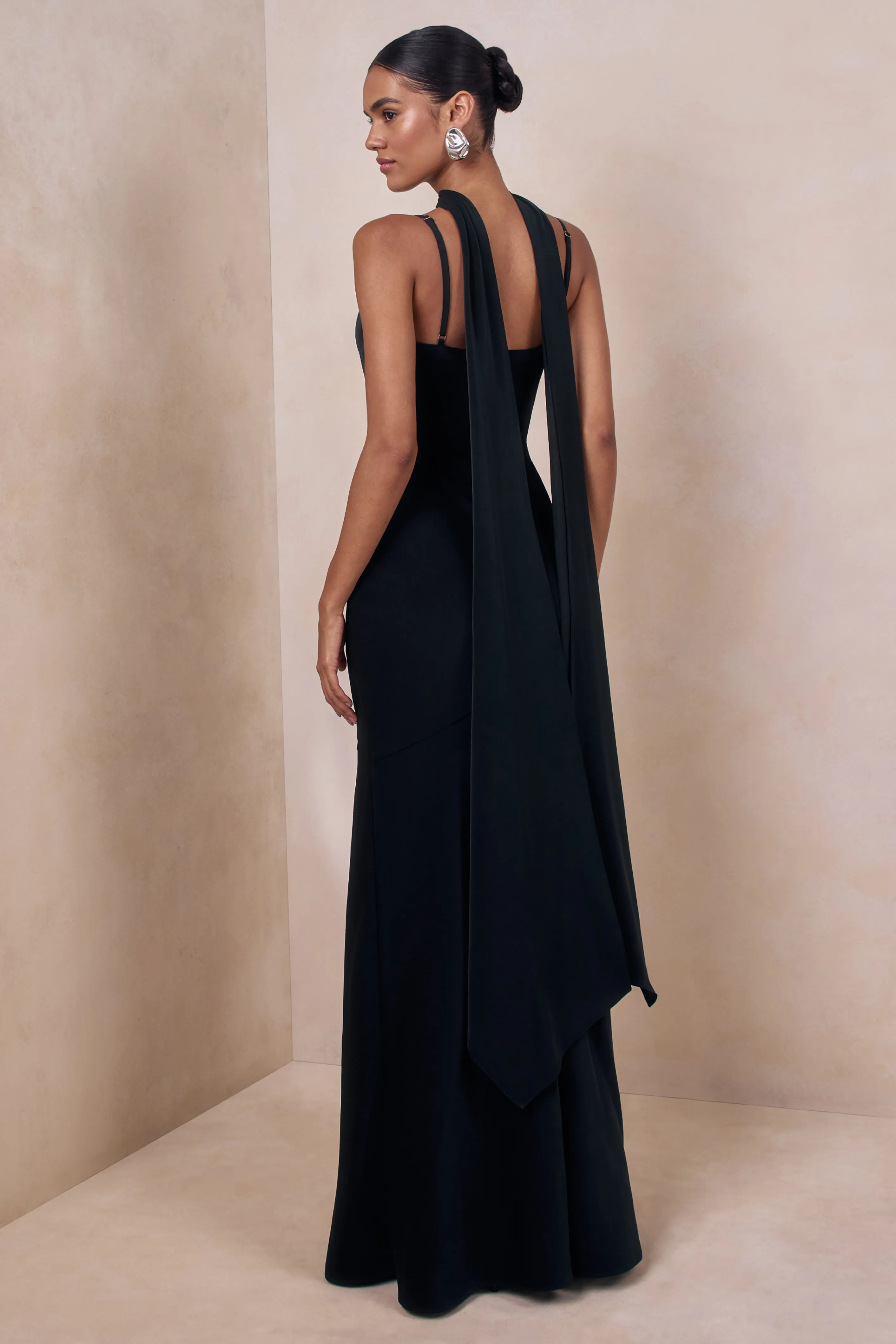 Starling | Black Satin Plunge-Neck Maxi Dress With Scarf-Detail sold by Club L London product image thumbnail 2