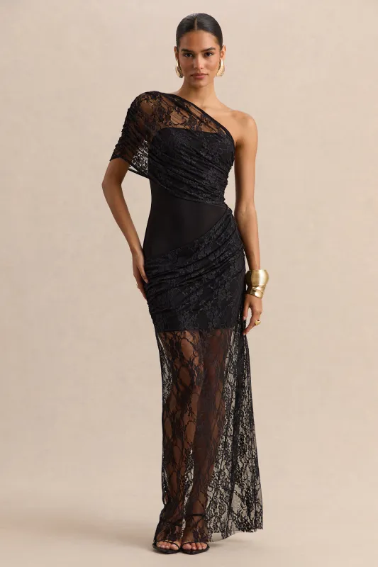 Fressia | Black Lace Asymmetric-Neck Maxi Dress With Draped-Detailing made by Club L London