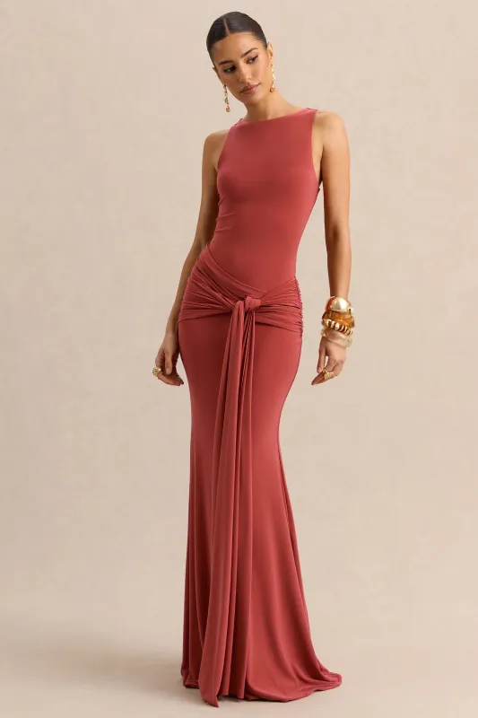 Cherine | Rust Round-Neck Maxi Dress With Gathered-Detailing And Sash made by Club L London