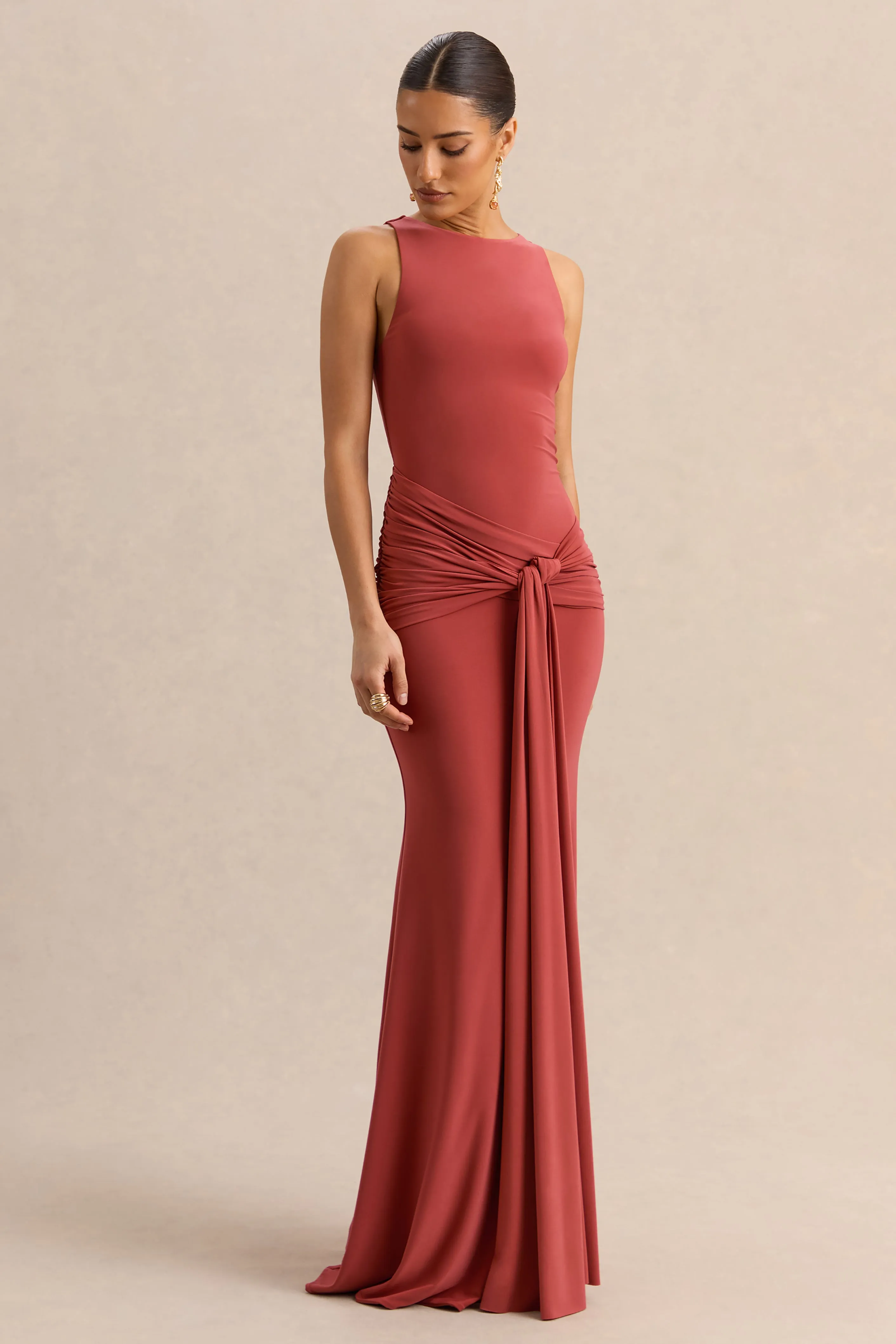Cherine | Rust Round-Neck Maxi Dress With Gathered-Detailing And Sash sold by Club L London product image thumbnail 5