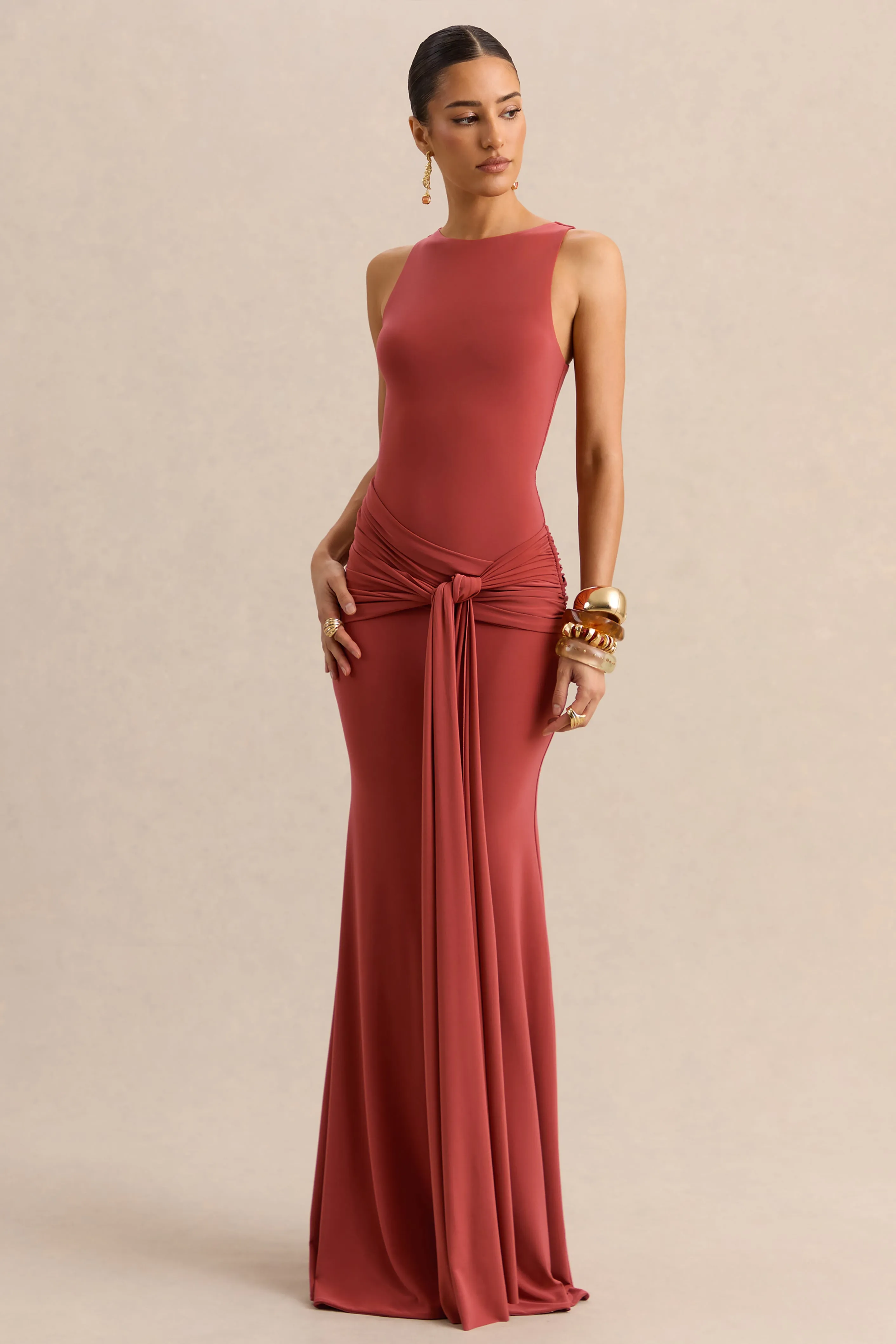 Cherine | Rust Round-Neck Maxi Dress With Gathered-Detailing And Sash sold by Club L London product image thumbnail 3