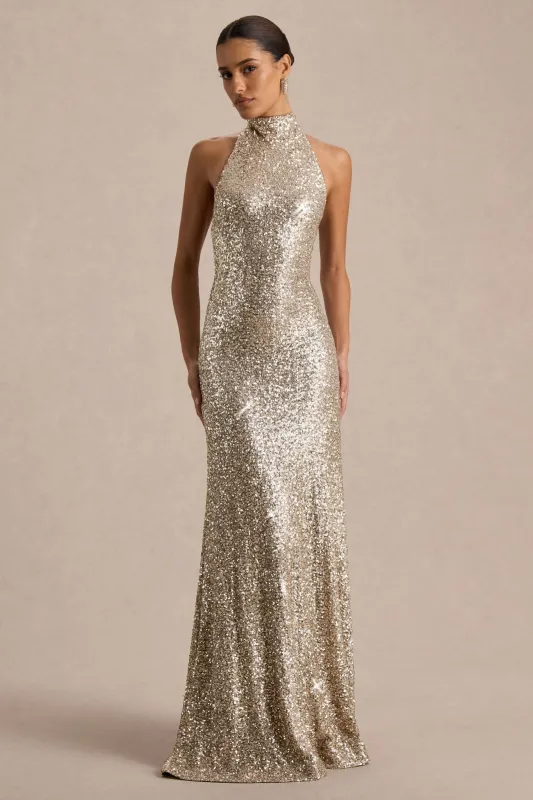 Tulia | Gold Sequin High-Neck Maxi Dress made by Club L London