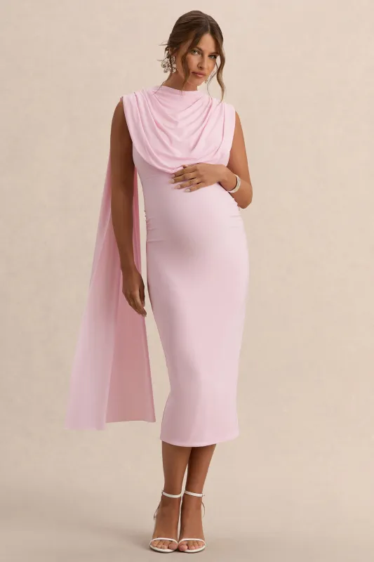 Milaine | Light Pink Round-Neck Maternity Midi Dress With Cape Sleeves made by Club L London