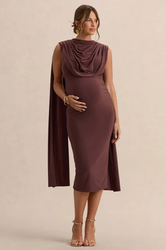 Milaine | Dark Brown Round-Neck Maternity Midi Dress With Cape Sleeves made by Club L London