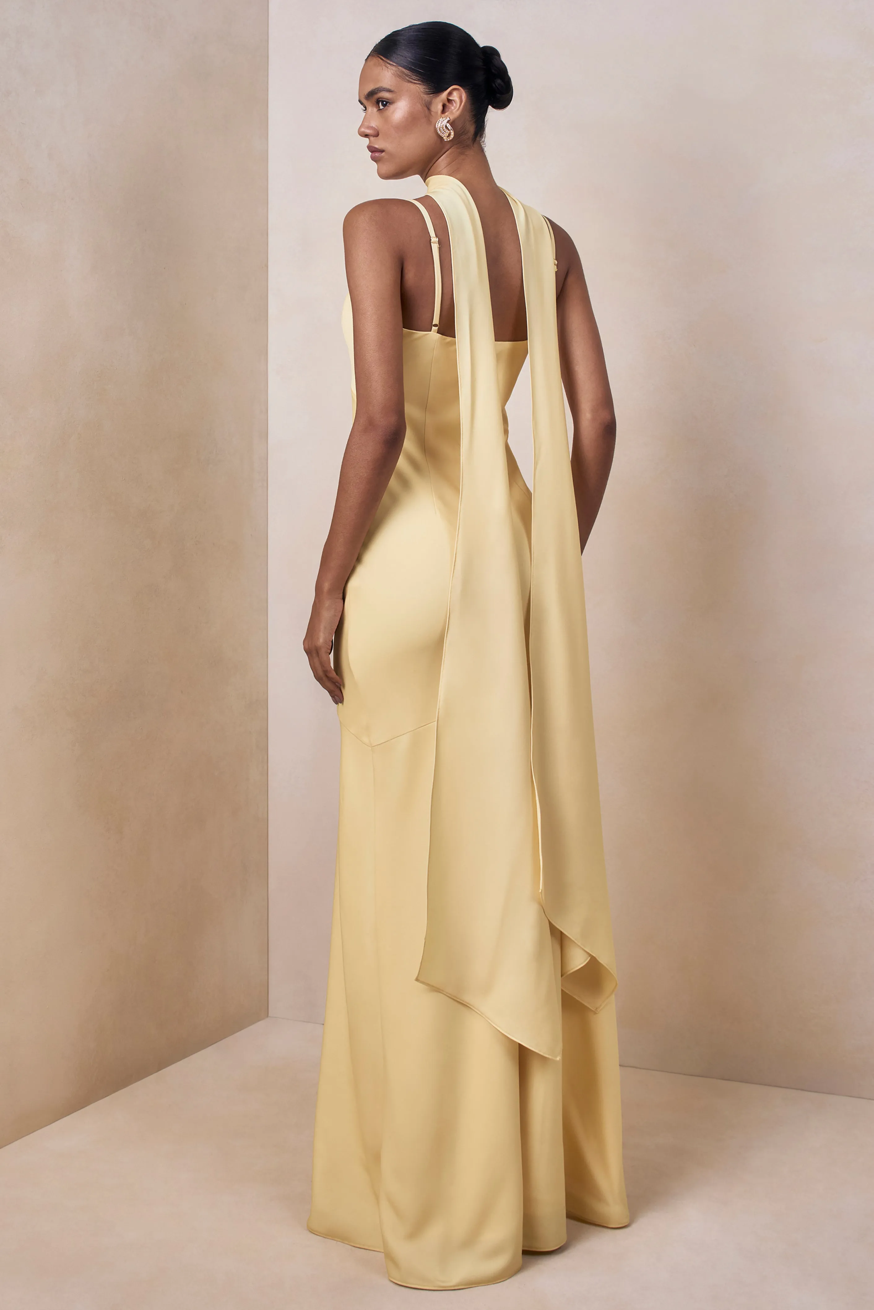 Starling | Lemon Matte Satin Plunge-Neck Maxi Dress With Scarf-Detail sold by Club L London product image thumbnail 2