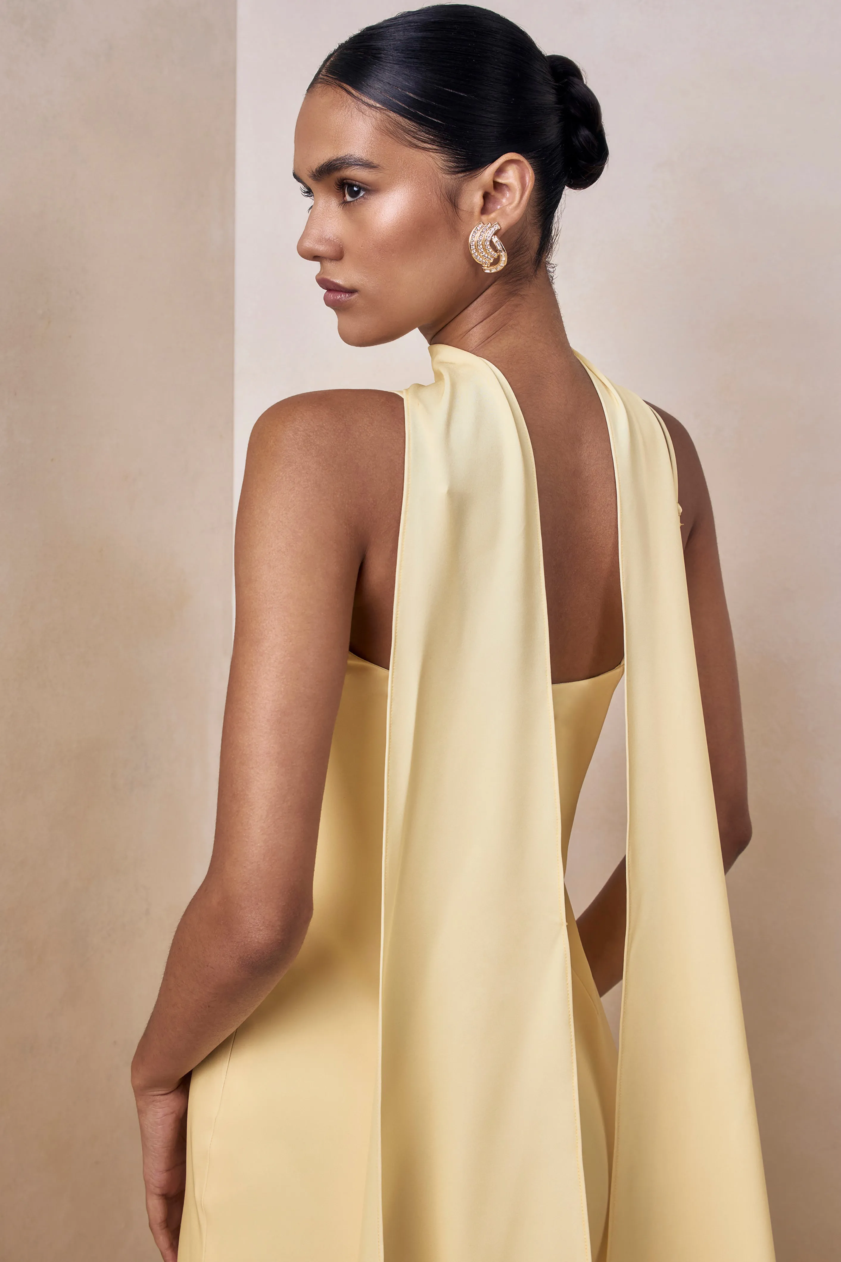 Starling | Lemon Matte Satin Plunge-Neck Maxi Dress With Scarf-Detail sold by Club L London product image thumbnail 3