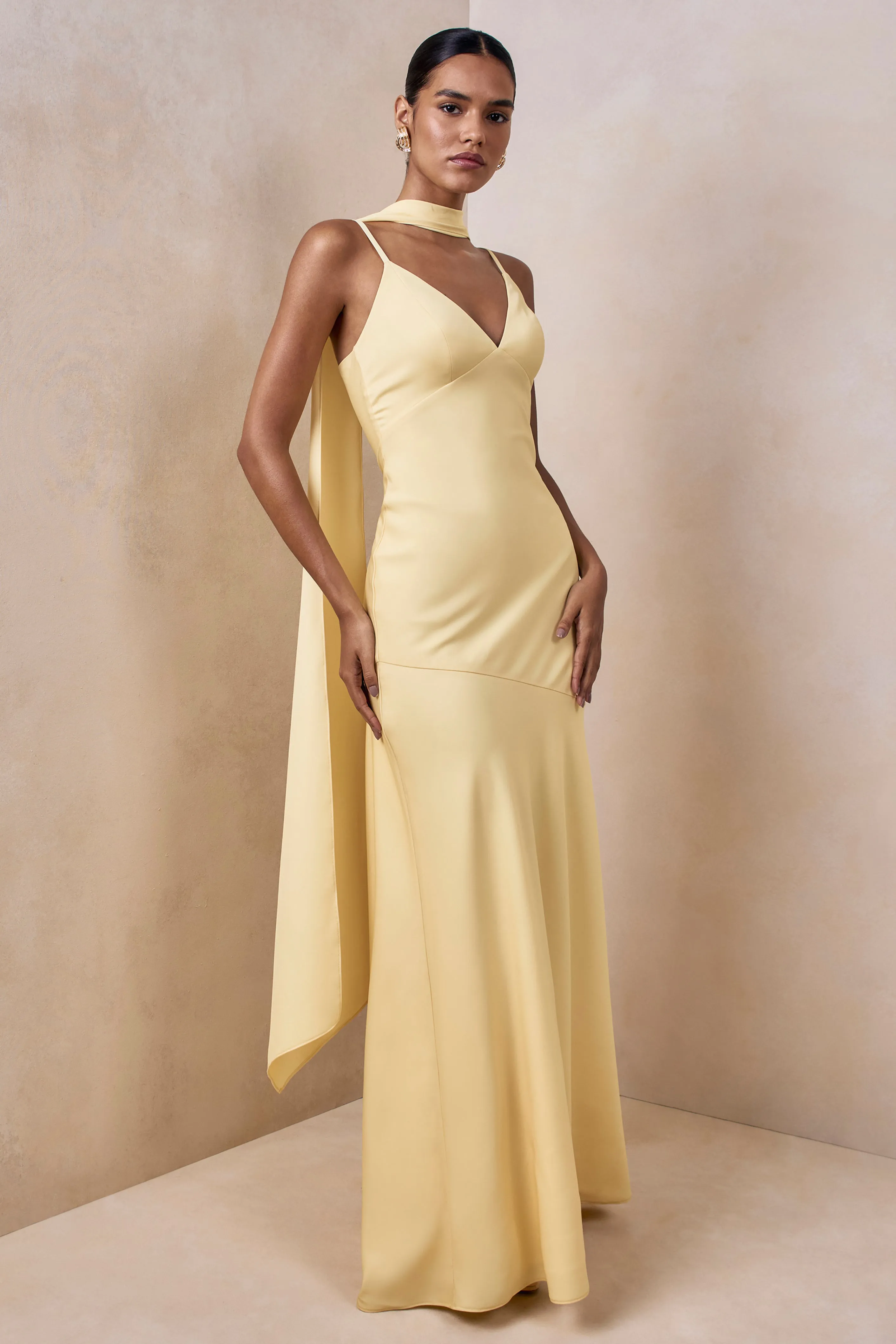 Starling | Lemon Matte Satin Plunge-Neck Maxi Dress With Scarf-Detail sold by Club L London product image thumbnail 4