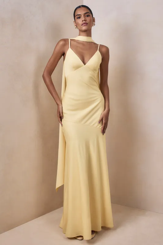 Starling | Lemon Matte Satin Plunge-Neck Maxi Dress With Scarf-Detail made by Club L London