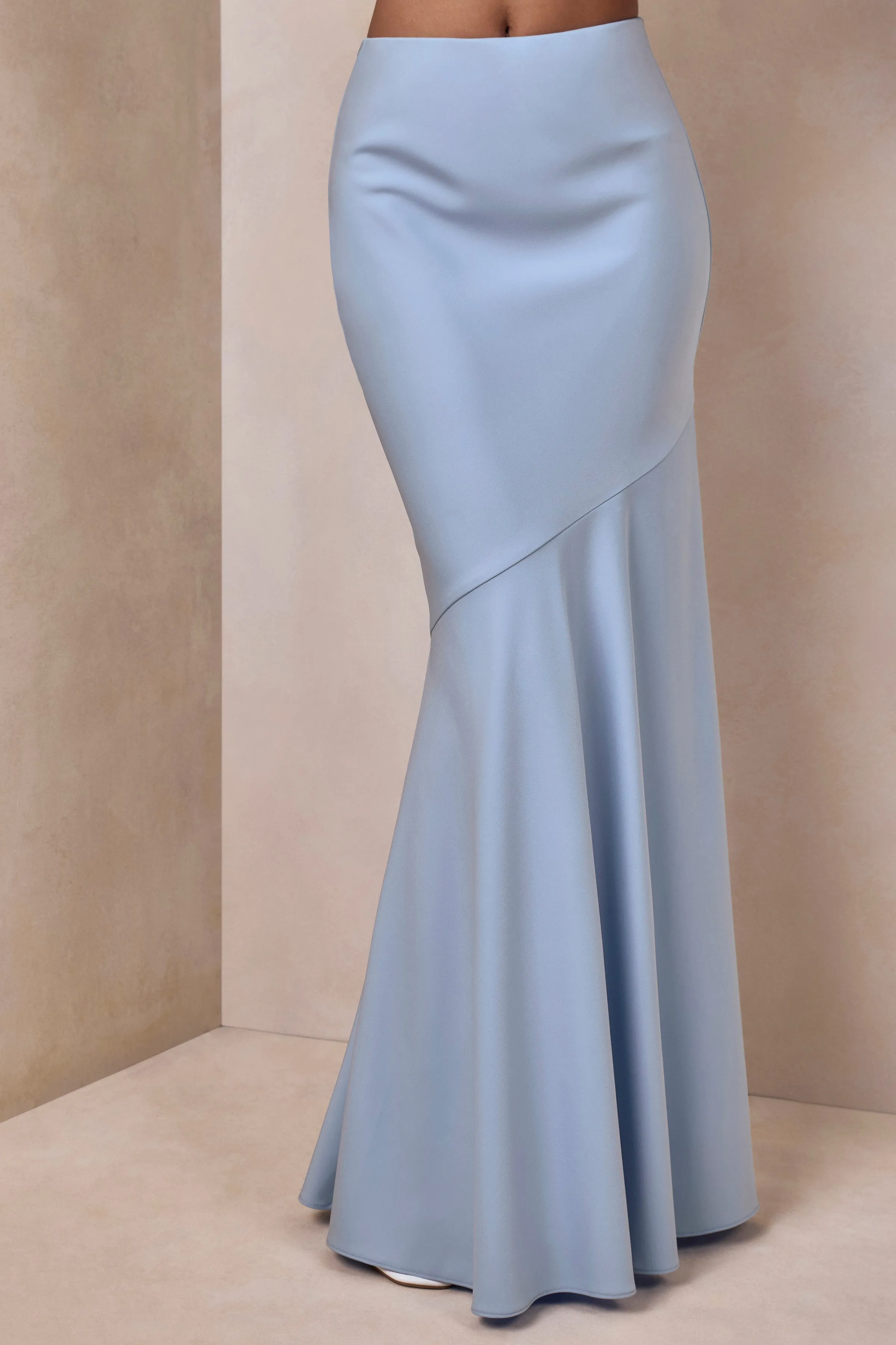 Vayla | Powder Blue Matte Satin Asymmetric Drop-Waist Maxi Skirt sold by Club L London product image thumbnail 3