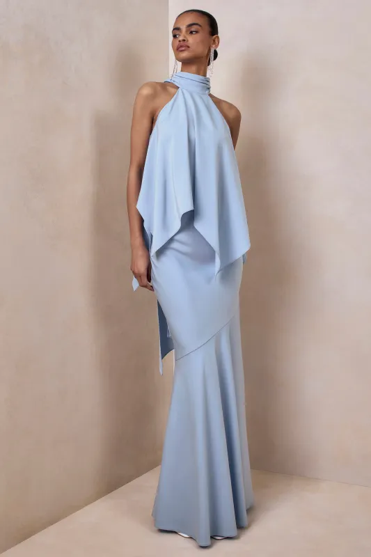 Vayla | Powder Blue Matte Satin Asymmetric Drop-Waist Maxi Skirt made by Club L London