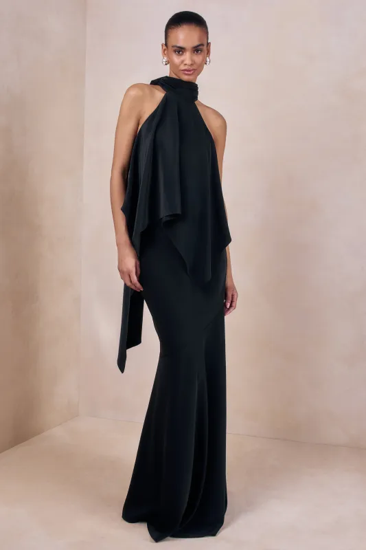 Vayla | Black Matte Satin Asymmetric Drop-Waist Maxi Skirt made by Club L London
