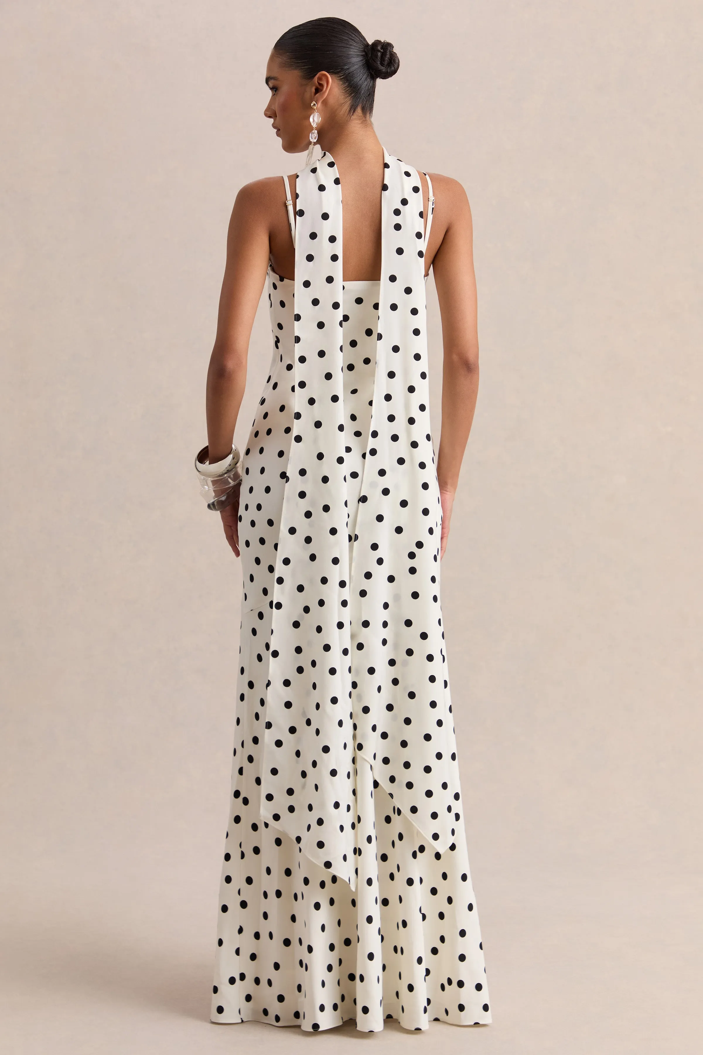 Starling | White & Black Polka Dot Matte Satin Plunge-Neck Maxi Dress With Scarf-Detail sold by Club L London product image thumbnail 2