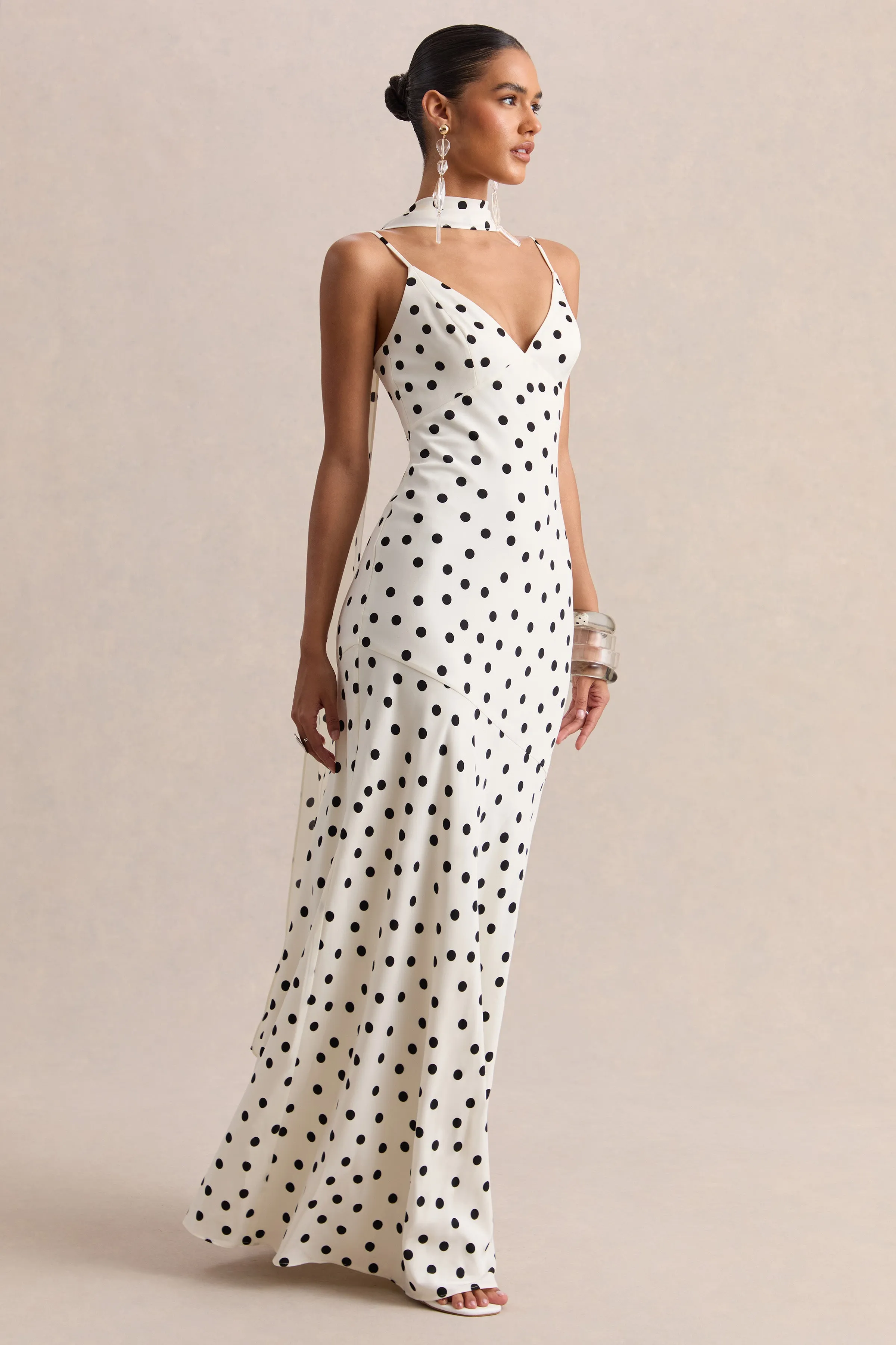 Starling | White & Black Polka Dot Matte Satin Plunge-Neck Maxi Dress With Scarf-Detail sold by Club L London product image thumbnail 4