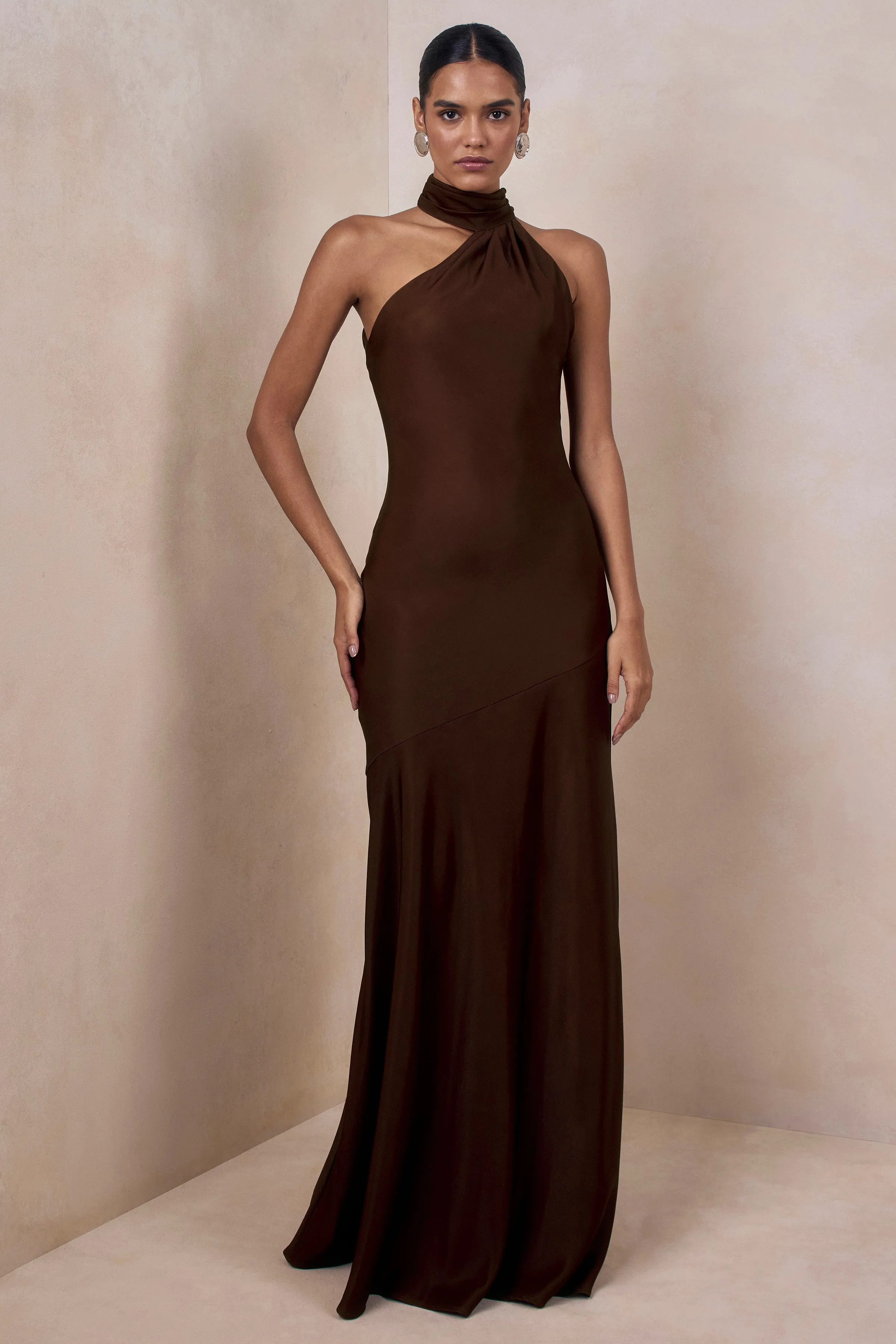 Cara | Brown Matte Satin High-Neck Maxi Dress sold by Club L London product image thumbnail 2